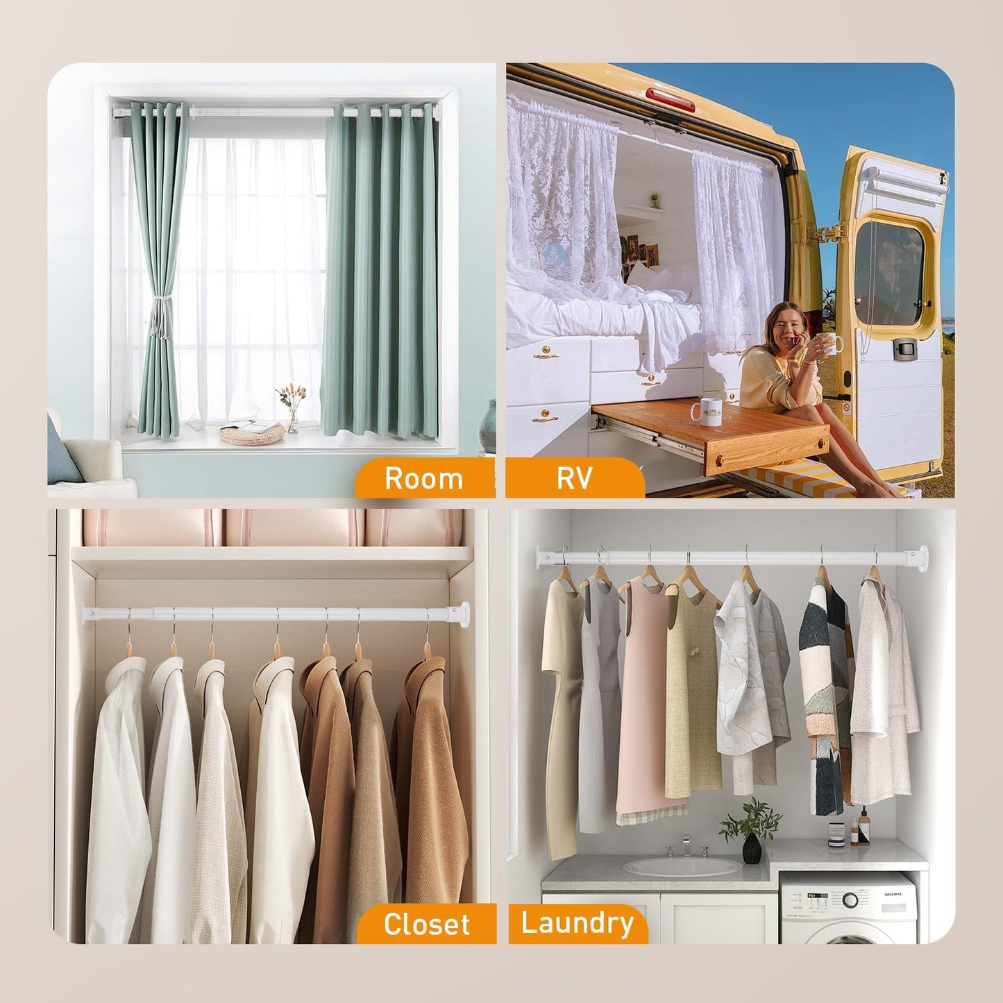 White Adjustable Closet Rod 18-77 Inches, Heavy Duty Metal Clothes Hanging Rod, Rust-Proof Non-Slip Wardrobe Bar for Closet, Laundry Room, RV