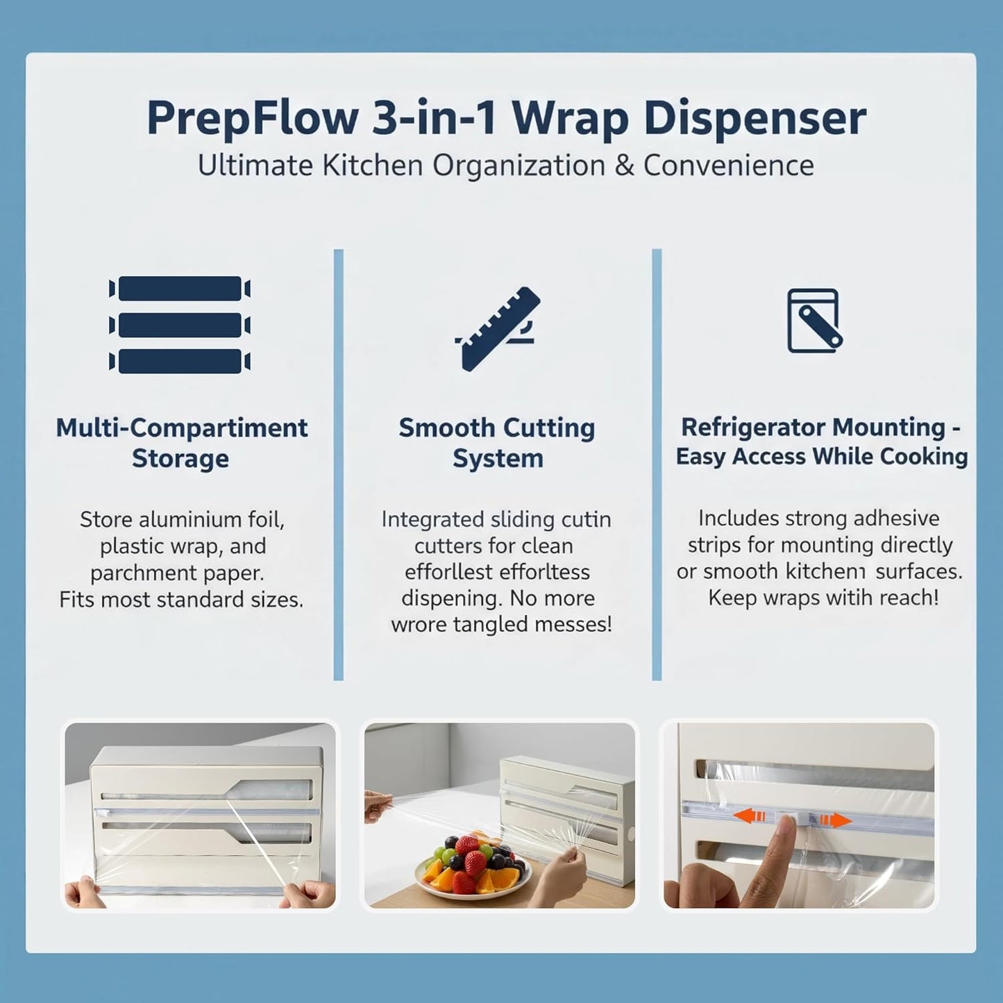 Li & Zhao Plastic Wrap Dispenser with Cutter - 3 in 1 Wrap Organizer with Cutter Foil and Plastic Wrap Organizer Baggie Organizer for Drawer Aluminum Foil Organizer Kitchen Wrap Organizer for 12" Roll
