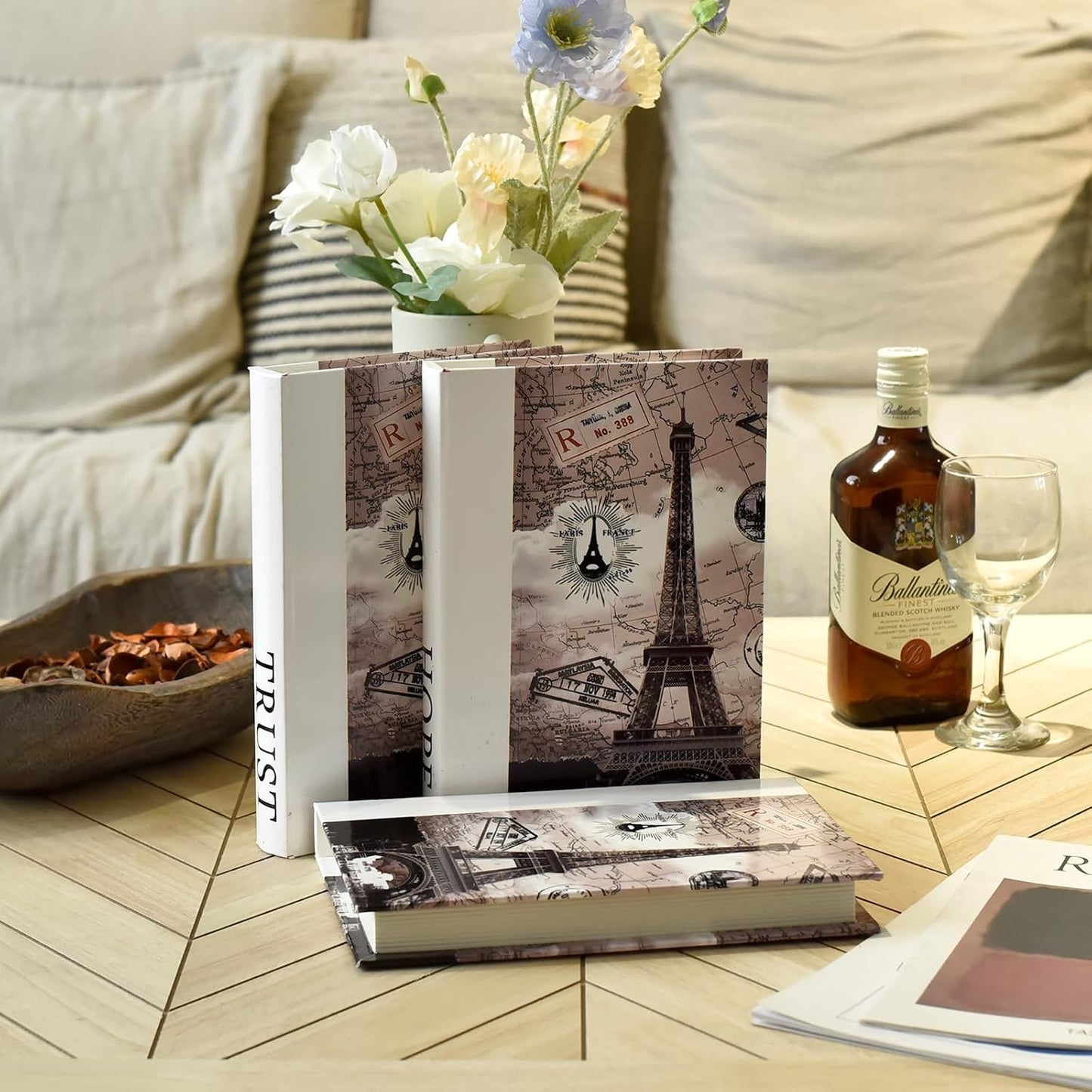 Decorative Books for Decor, Contemporary Faux PU Leather and Wooden Storage Boxes Set of 3, Vintage Keepsake Box for Home, Living Room, Shelves (Faith Hope Trust, Eiffel Tower, Paris)