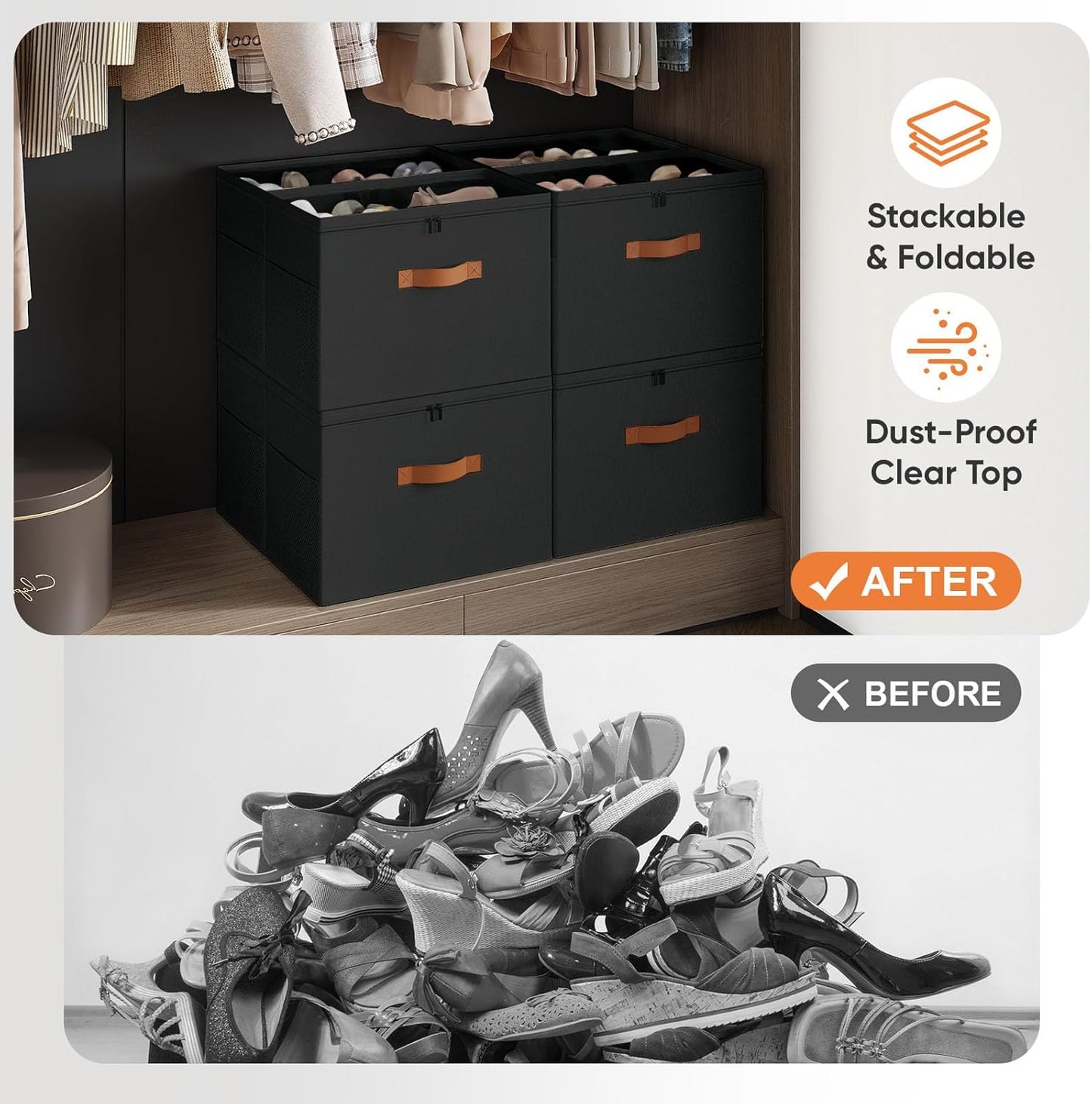 Shoe Organizer for Closet, 2 Pack Foldable Shoe Storage Organizer with Adjustable Dividers, Shoe Storage Box with Clear Cover, Fits up to 16 Pairs, Black