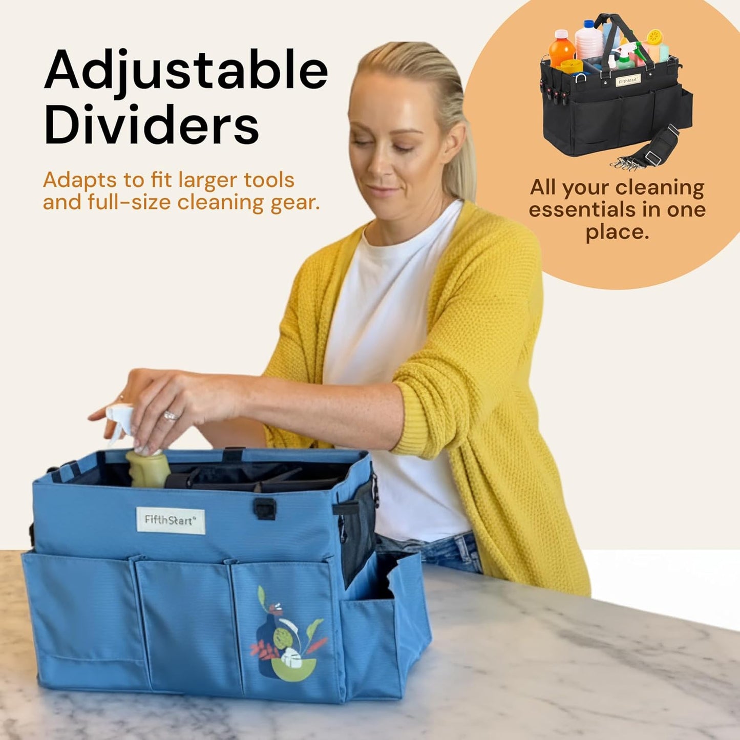 FifthStart Multiuse Cleaning Caddy w/Waist & Shoulder Strap - 9 Pockets Tote Bag for Housekeeping Gardening Fishing Bathroom Organizer Adjustable Compartments, Black Large Caddy Organizer with Handle