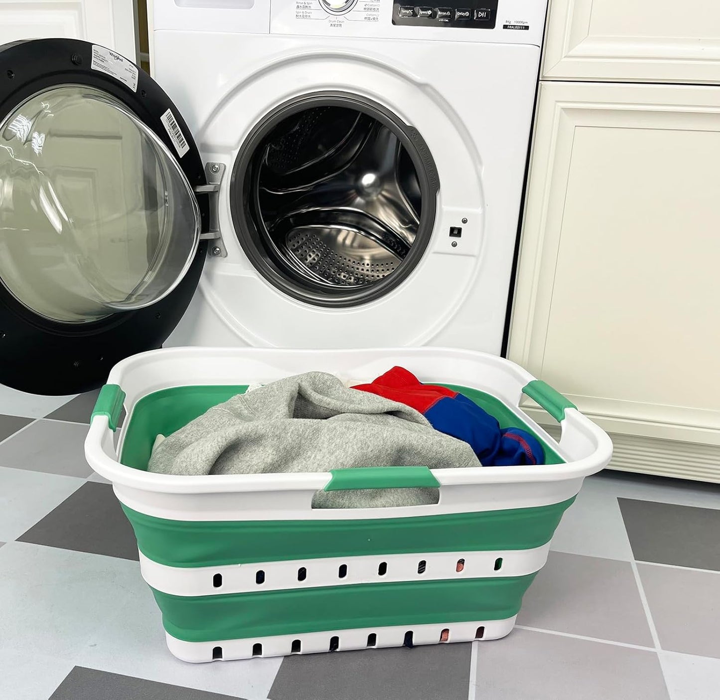SAMMART 42L (11 gallon) Collapsible Plastic Laundry Basket - Foldable Pop Up Storage Container/Organizer - Space Saving Hamper/Basket (1, White/Winter Green)