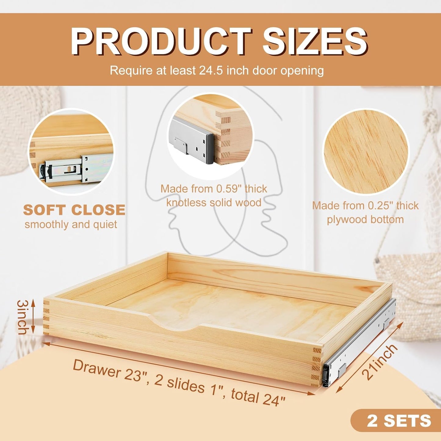 Menkxi 2 Set Pull out Tray Cabinet Organizer Wooden Pull Drawers storage Slide out Pantry Shelf for Base Cabinet Kitchen Gentle Close Fully Assembled Accessories(Wood Color,24'' X 21'' X 3'')