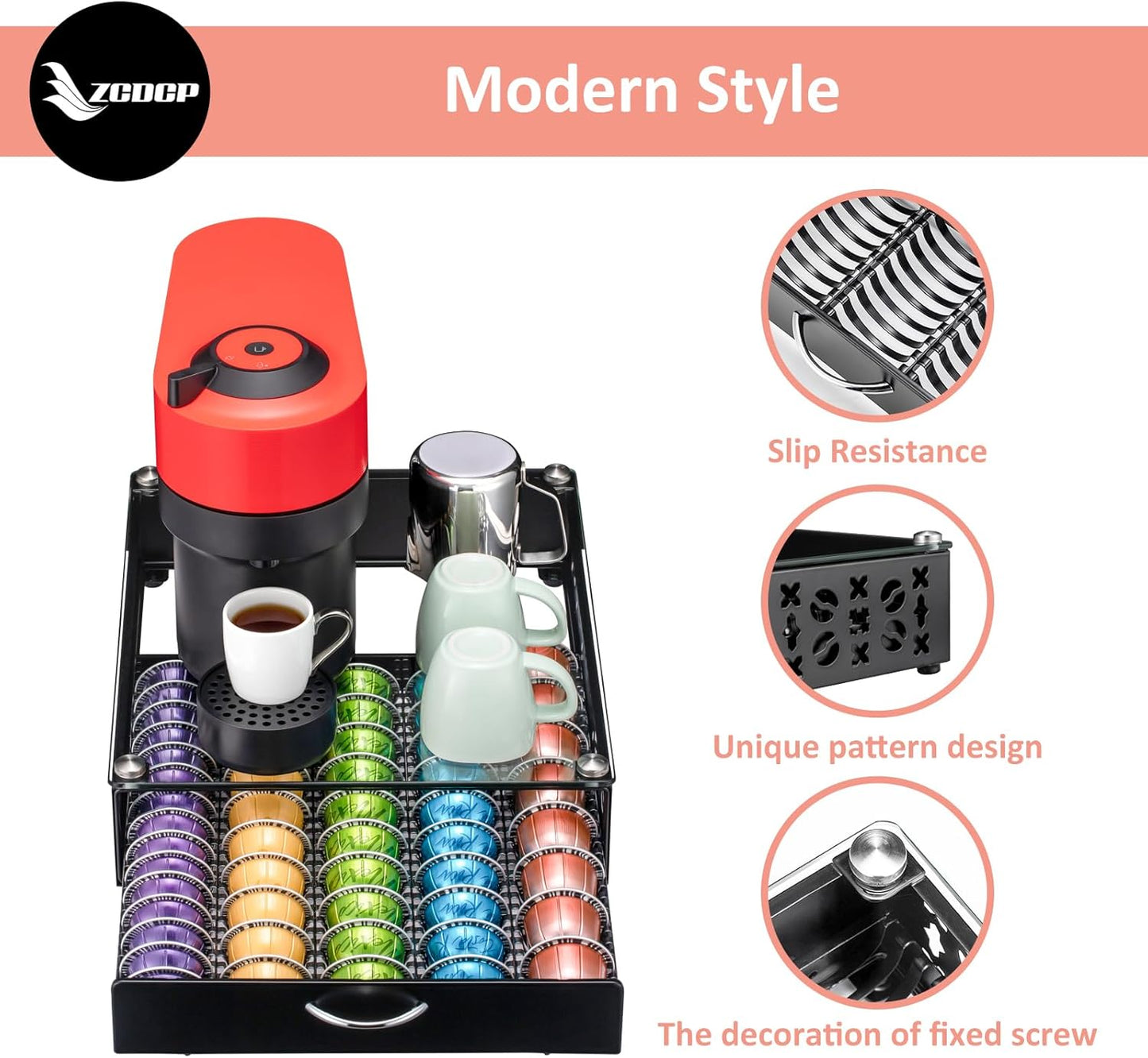 ZCDCP for Coffee Pod Holder, Vertuo Pod Holder Drawer Glass Top Coffee Pod Organizer Storage (50 Pods Capacity)