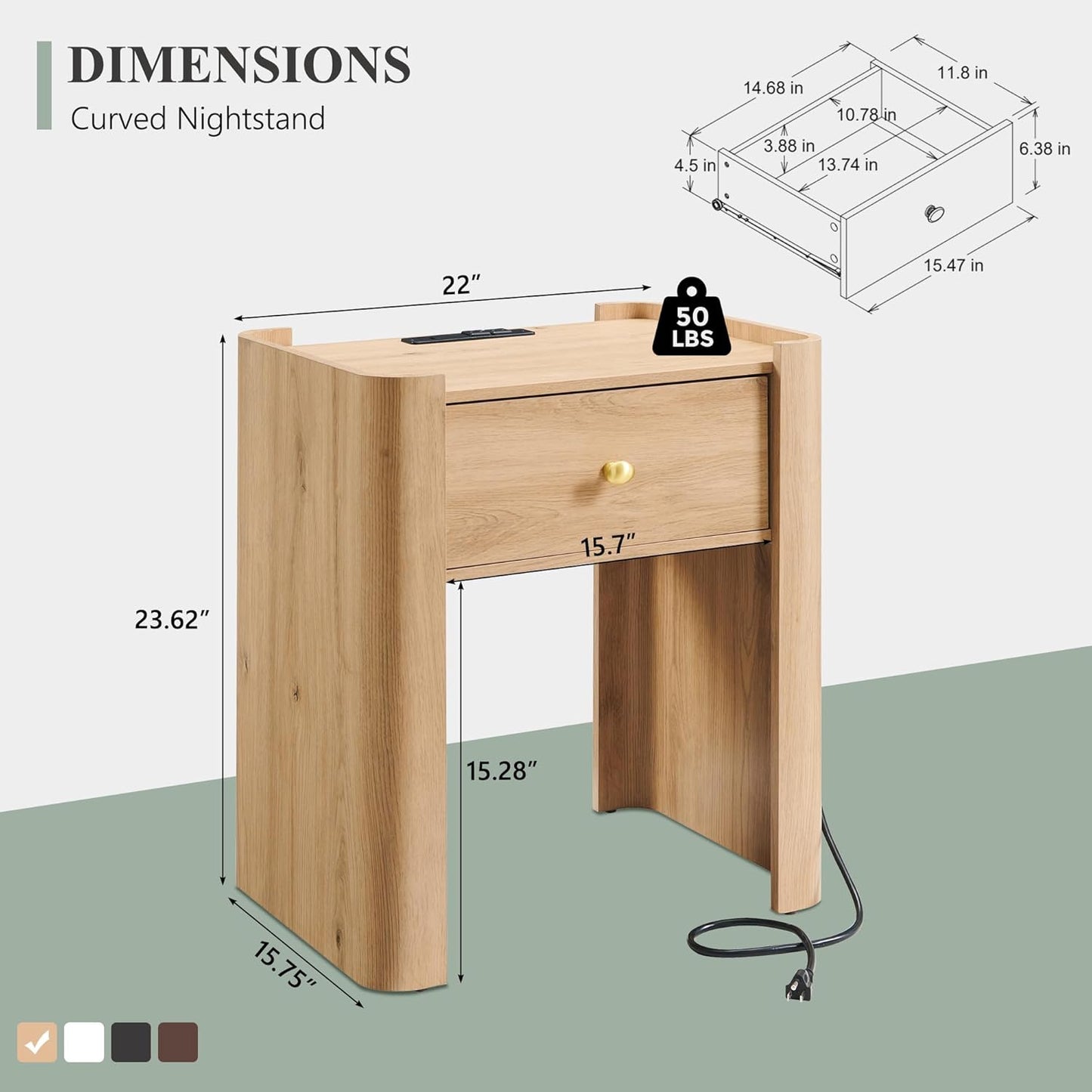 23.6" Tall Modern Nightstand with Charging Station, 22" Wide Curved Bedside Table with 1 Storage Drawer, Wooden Night Stand, Large End Table for Bedroom, Living Room, Natural