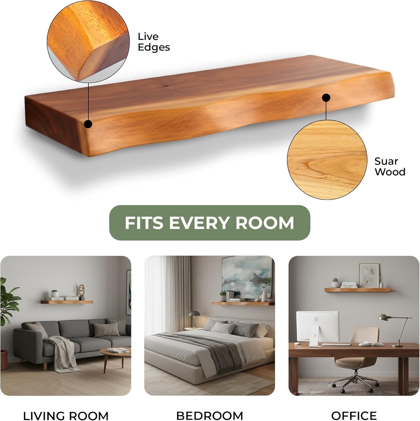 Solid Wood Floating Shelves Set of 2 - Handcrafted with Authentic Live Edge Design for Natural Wall Display - 15.7" Rustic Wooden Shelving for Bathroom Kitchen Bedroom