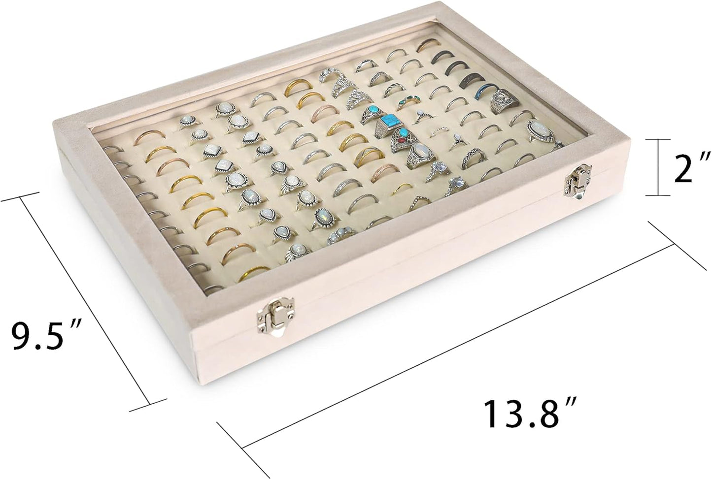 Frebeauty Ring Organizer Tray 100 Slots Ring Holder with Clear Lid Velvet Storage Box Jewelry Tray for Jewelry Store Earring Display Case for Jewelry Show Studs Box for Women(Beige)