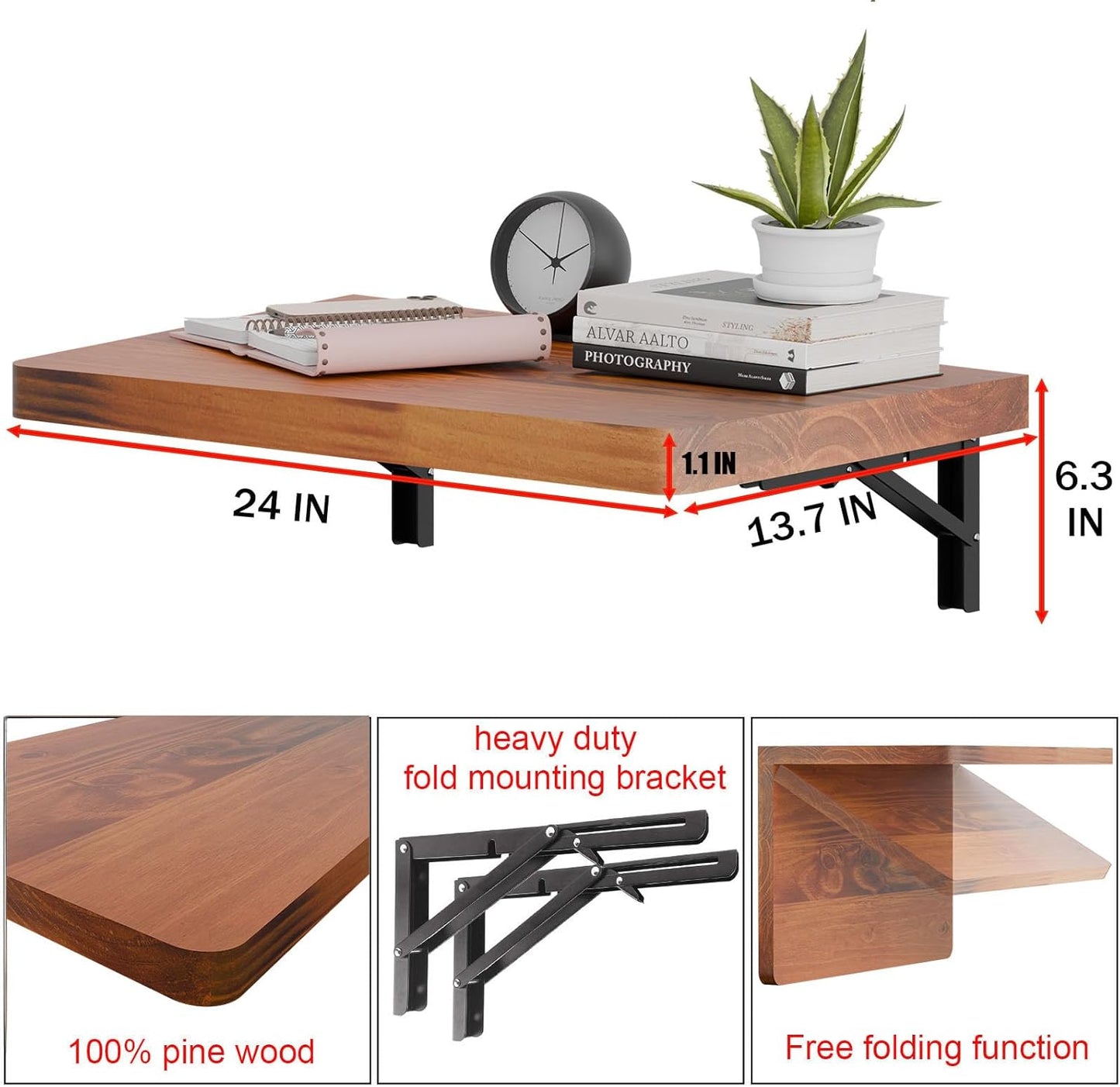 IAE Wall Mounted Folding Table with Pine Wood,24" x 14" Floating Wall Desk,Laundry Folding Table with Shelf Brackets,Fold Down Desk Shelf,Folding Workbench for Home,Dining,Laundry Room,Kitchen,Teak