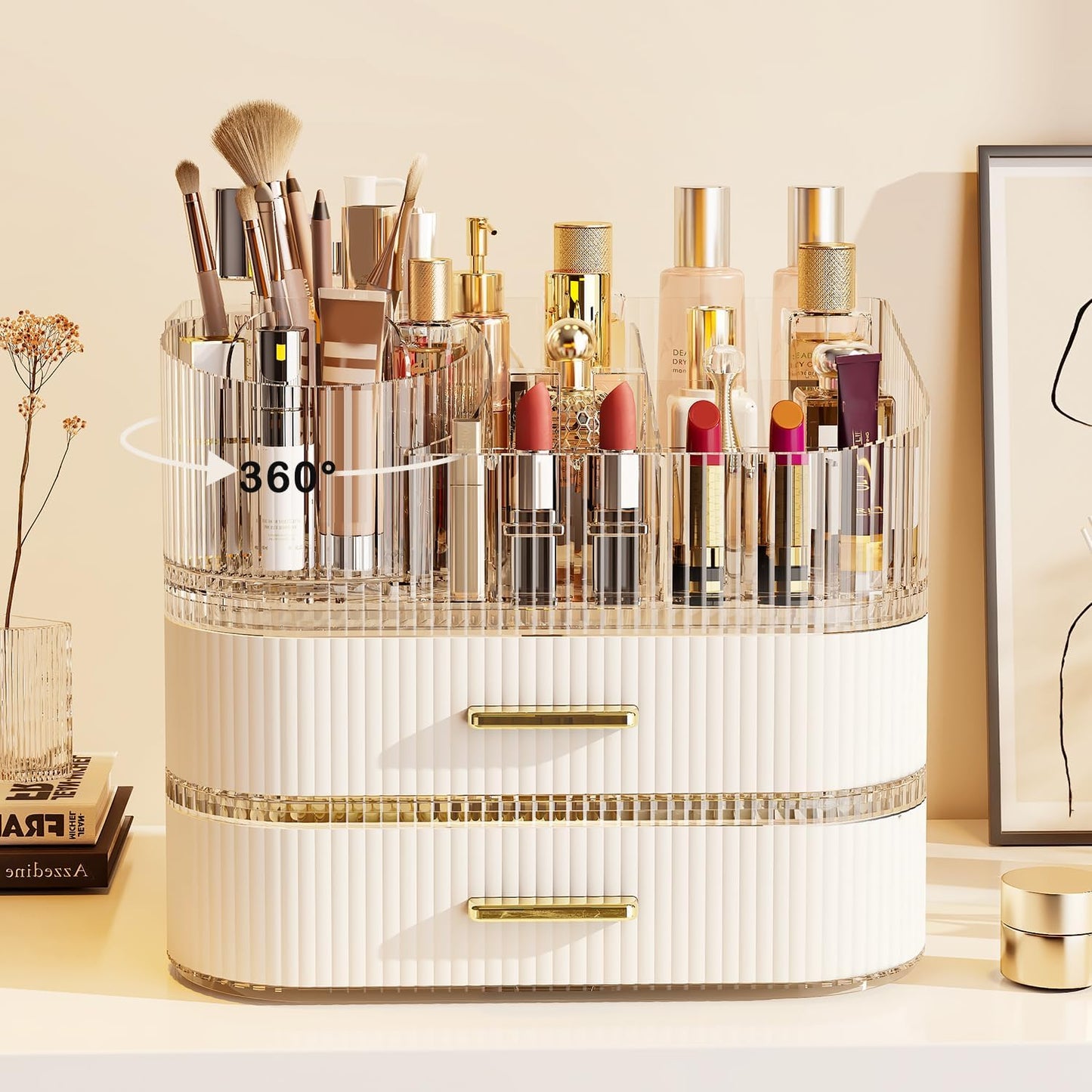 Makeup Organizer with Stackable Drawer, 360 Rotating Makeup Brush Holder, 11-inch Wide Large Cosmetic Display Case, Skincare Organizers and Storage for Vanity, Bathroom Countertop (1 Tray + 2 Drawer)