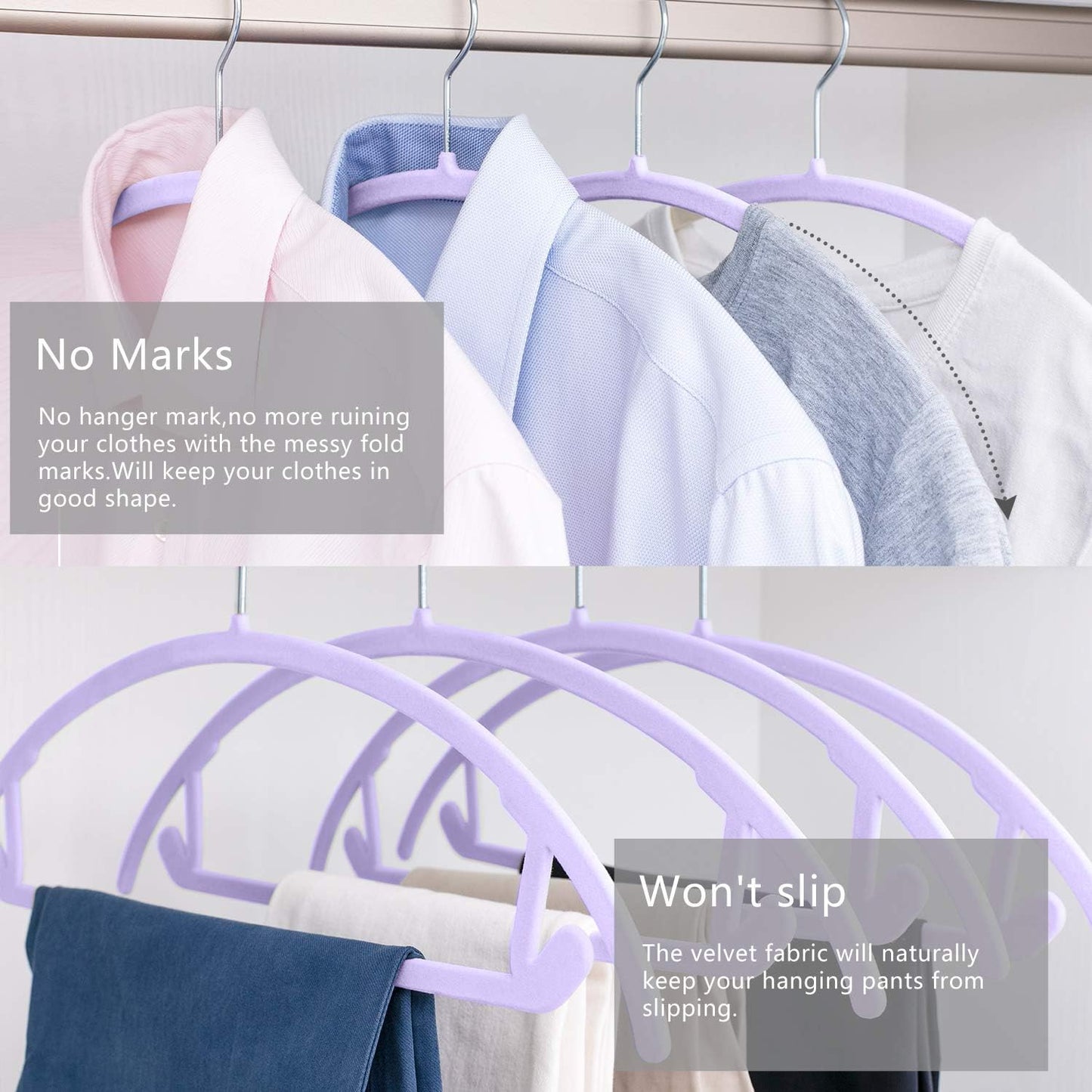 MIZGI Premium Velvet Hangers 50 Pack Heavyduty- Non Slip No Shoulder Bump Suit Hanger - Chrome Hooks,Space Saving Clothes Rounded Shape for Coat,Sweater,Jackets,Pants