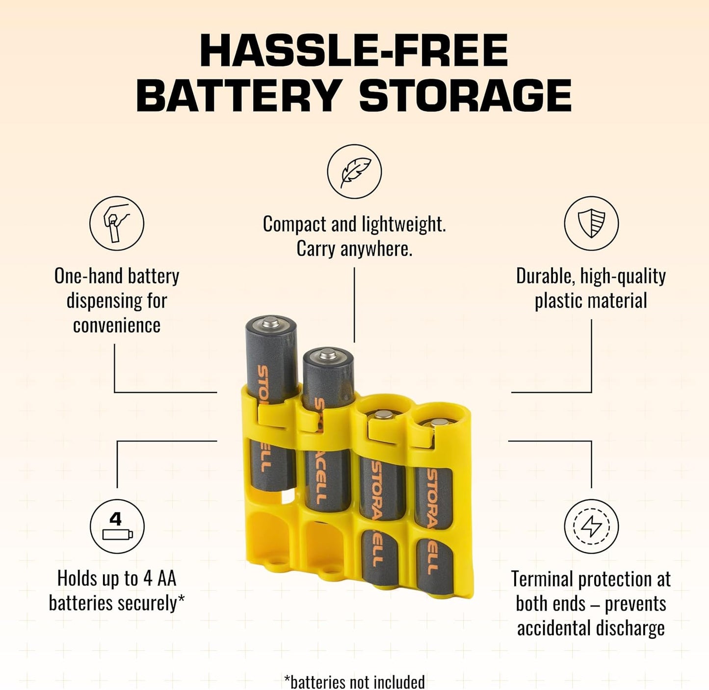 AA Battery Storage Caddy by Storacell (2 Pack), Yellow, Holds 4 Batteries (Not Included)