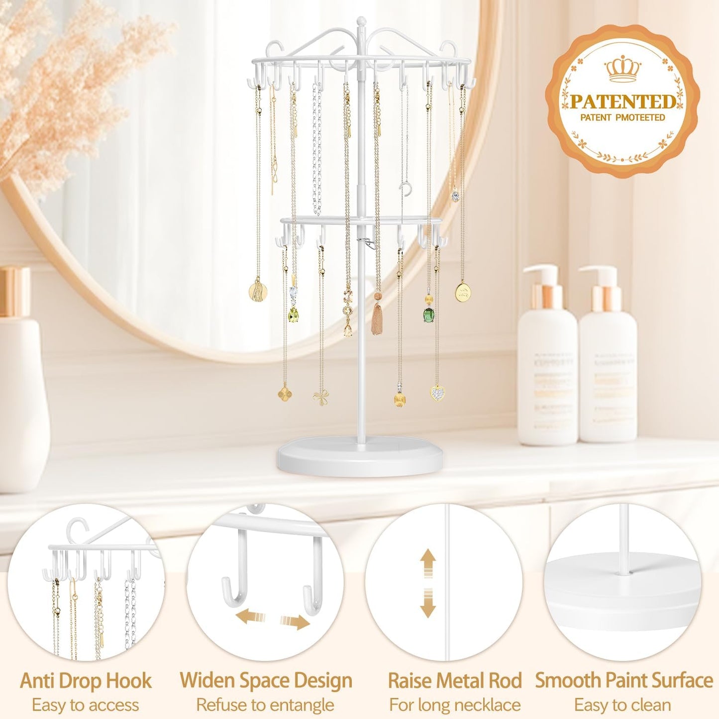 MODOWEY Rotating Necklace Holder Organizer Display Stand with 42 Hooks, 2 Tier Adjustable Metal Tree for Long Necklace Hanger Selling, Tall Spinning Bracelet Storage Rack for Men Women, White