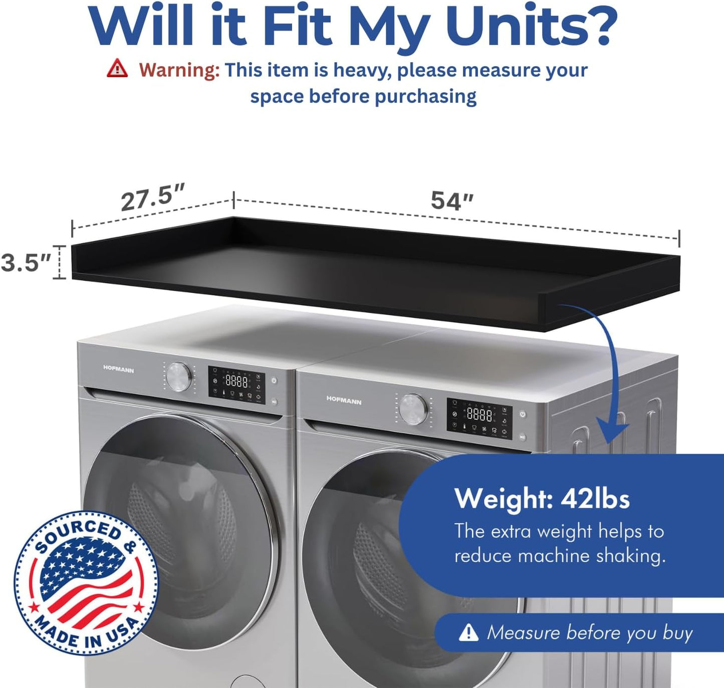 OfficeSimpli Washer Dryer Countertop, Made in USA, Non-Slip Pads, Laundry Room Wood Topper, Washer Dryer Cover for Top, Laundry Guard, Laundry Countertop, Laminate (Black, Standard (27.5" x 54"))