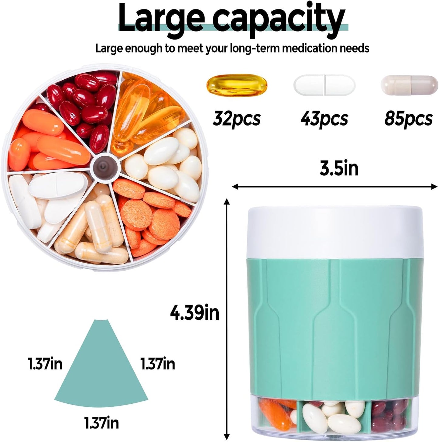 Betife Extra Large Supplement Organizer,Weekly Pill Organizer Bottle, Daily Pill Dispenser with 7 Large Compartments, Organizer to Hold 7 Day Vitamin Medication,21 Labels and a Cleaning Brush(Cyan)