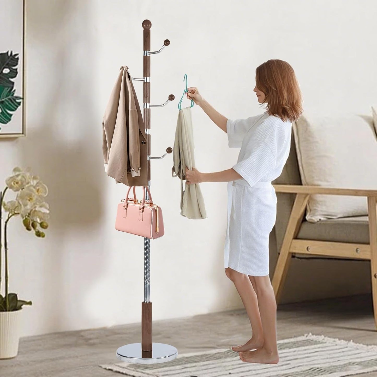 Solid Wooden Coat Rack Stand, Coat Racks Freestanding with 6 Hooks, Natural Birch Wood Coat stands with Sturdy Round Base, Tree Coat Hanger Standing for Entryway Bedroom Office (Walnut)