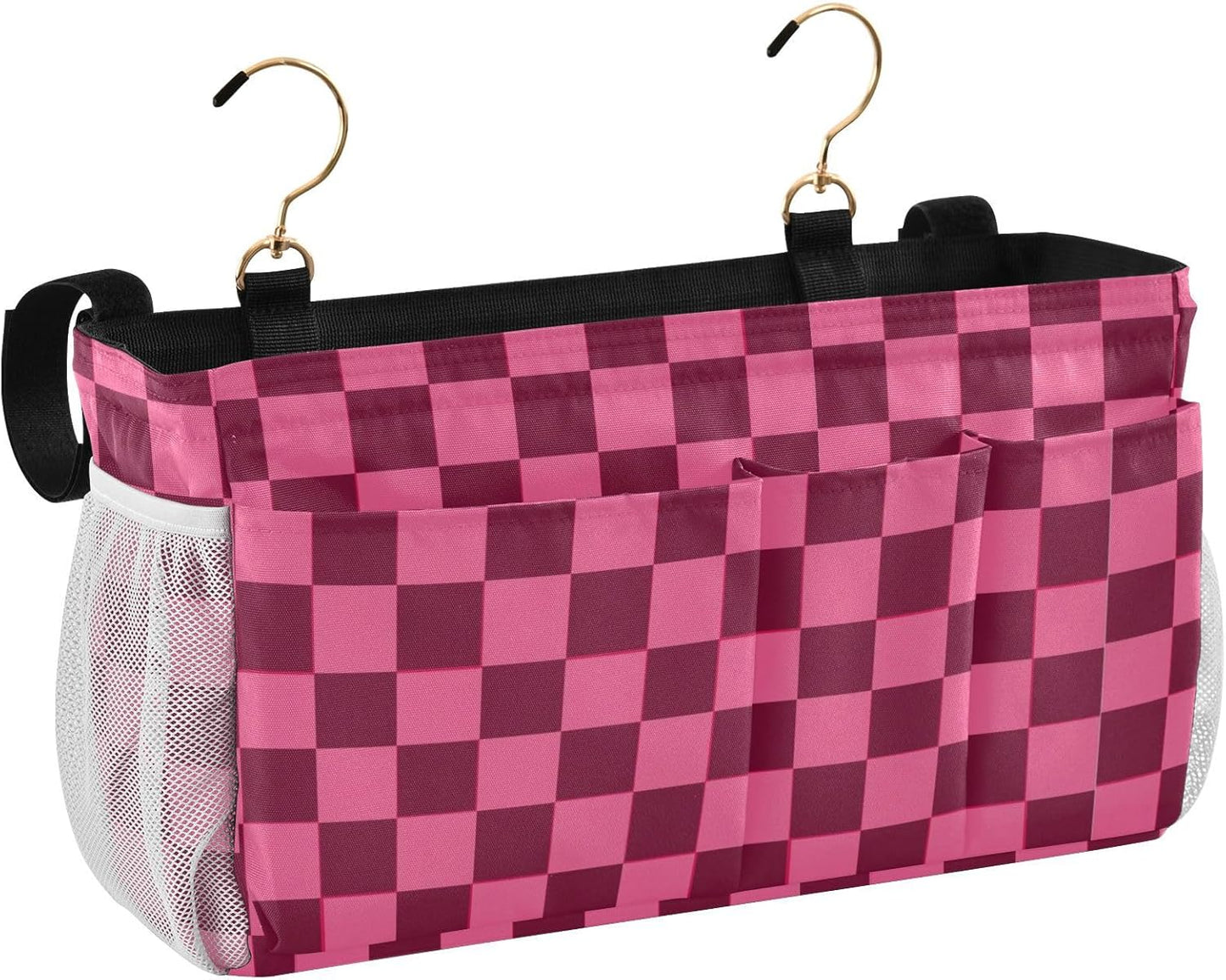 Checkered Hot Pink Bedside Caddy for Dorm Bed Bedside Hanging Caddy Bag Iron Frame Storage Organizer Pocket for Bunk Home College Hospital Beds 2 Hooks