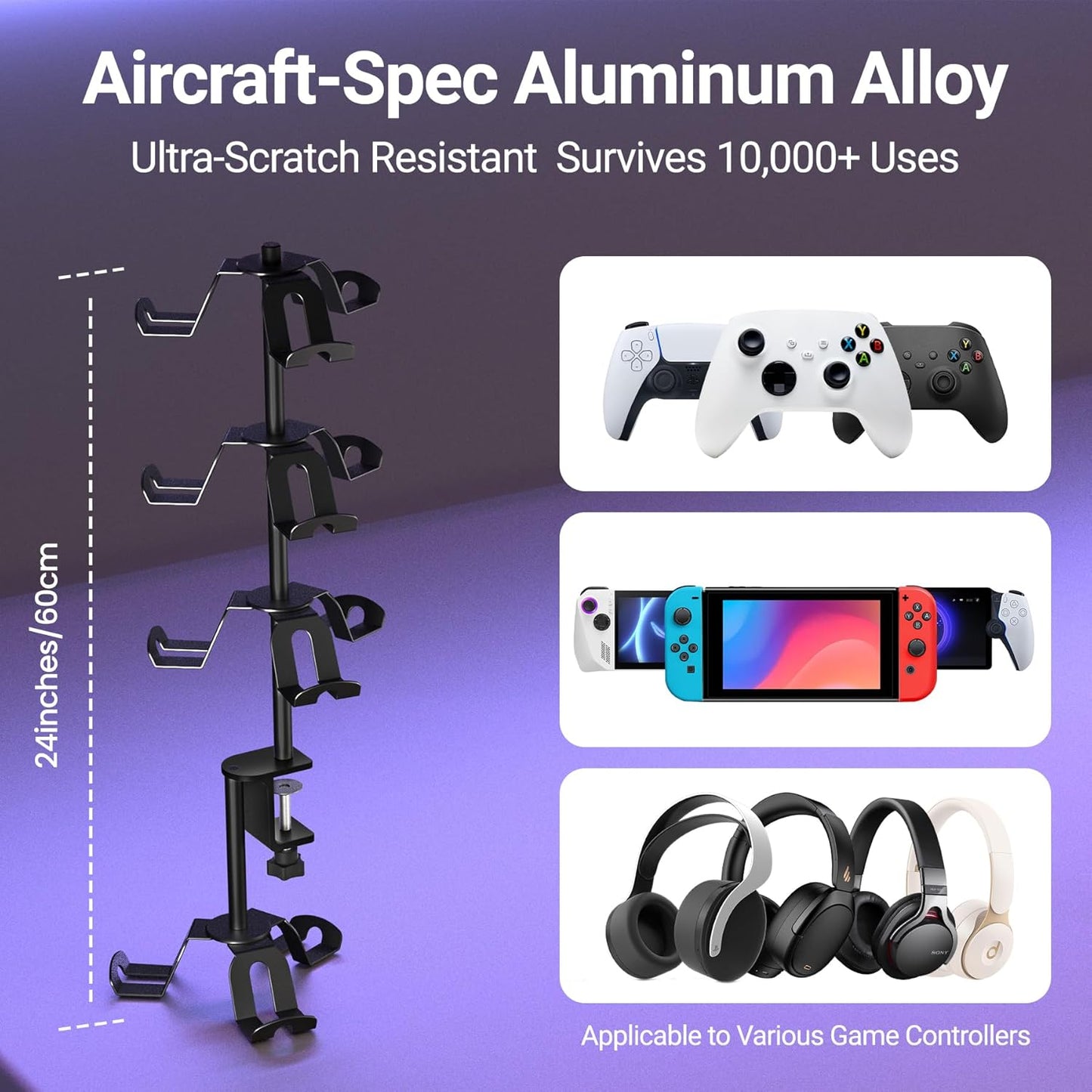 Aluminum Alloy Controller Holder 4 Layers Headphone Stand,Headset Holder & Desk Mounts for 12 Packs Controller，360 Degree Rotation Tier,Gaming Controller Stand for Xbox PS5 PS4 Switch(Black)