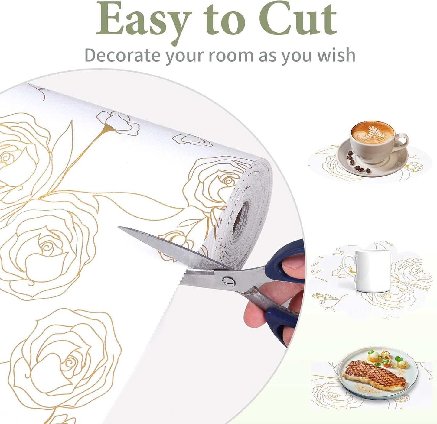 Shelf Liners for Kitchen Cabinets 17.5in x 20FT Non Adhesive Drawer Liner Gold Floral Thickened Shelf Liner Paper Strong Non-Slip Easy to Clean for Tool Box Refrigerator with Knife and Tape Measure