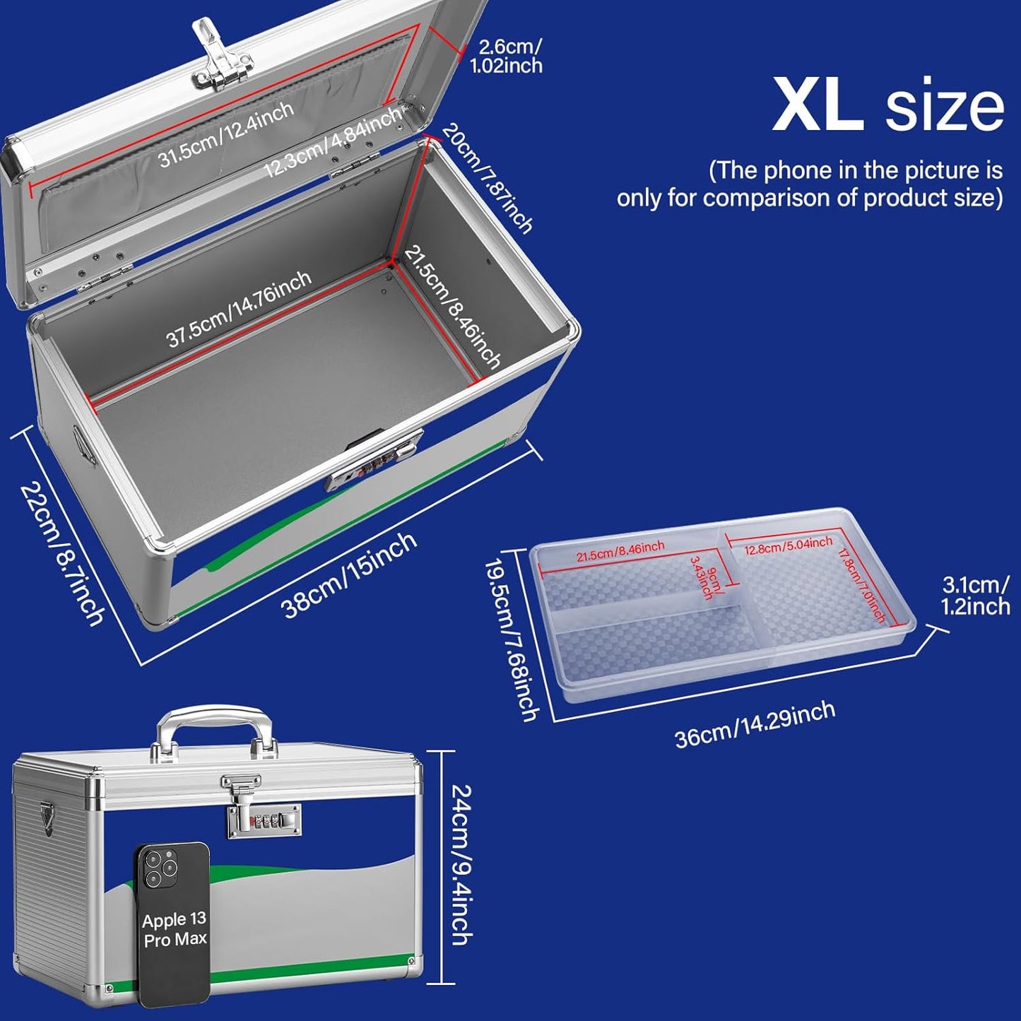 Medicine Lock Box with Combination Lock - 15 * 8.7 * 9.4”, First Aid Safe Medication Storage Organizer Pill Container for Home and Outdoor - Silver