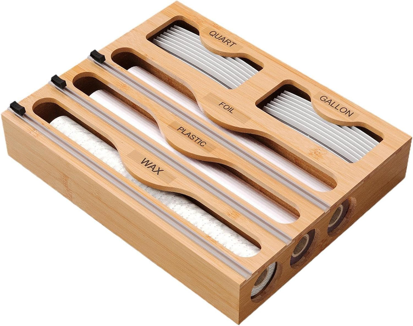 Foil Dispenser – Wood 40x31.6x7.2cm | Wrap Organizer With Cutter | Roll Organizer Holder For Aluminum F-oil - Large-Capacity Aluminum Foil Wax Wrap Holder | 5-in-1 Multifunctional Kitchen Or-ganizer