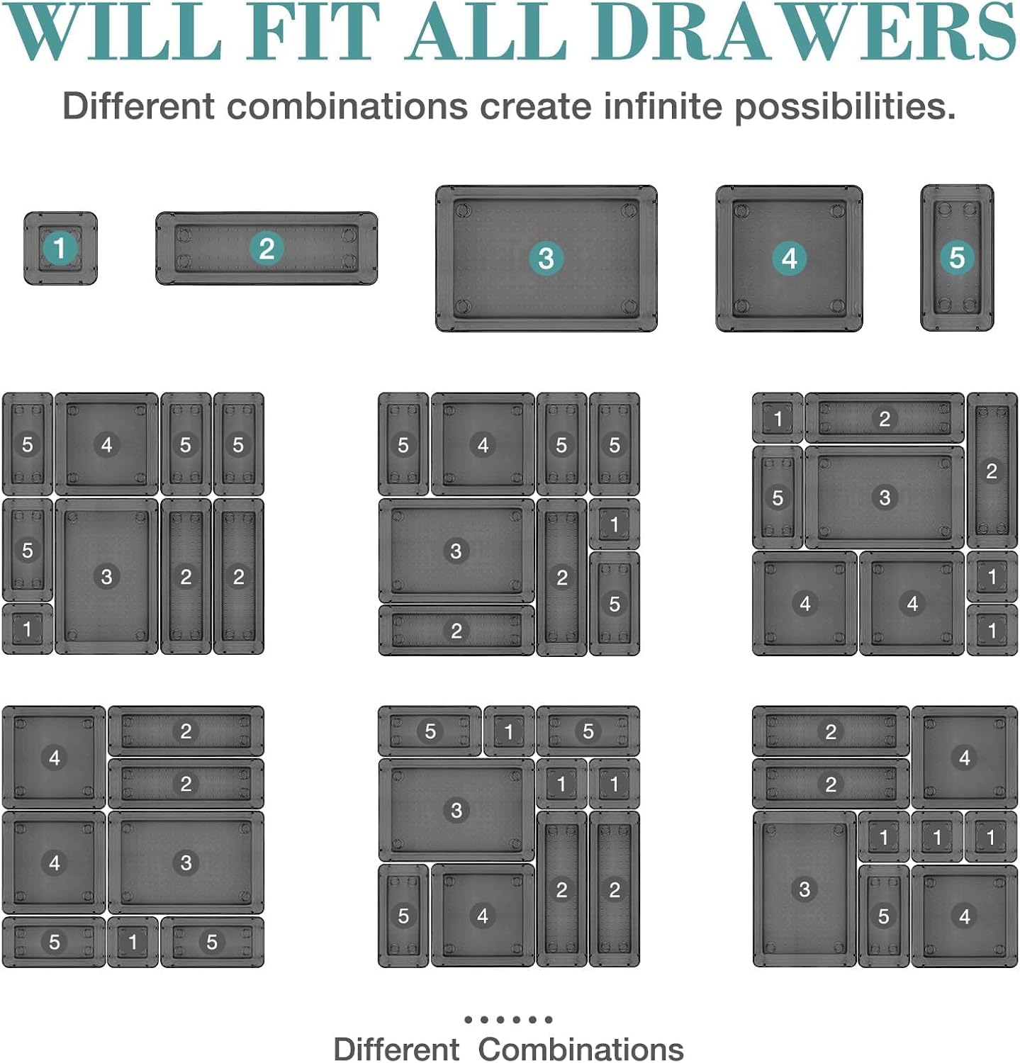 10 PCS Drawer Organizer Set, 4 Varied Size Bathroom and kitchen Drawer cabinet organizer Trays, Clear Storage Bins for Makeup, Jewelry, Utensils and Gadgets, Black