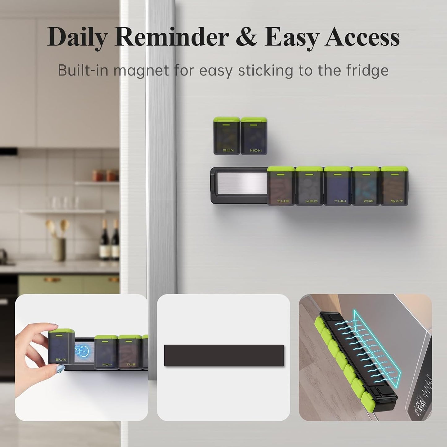 Weekly Pill Organizer Magnetic, Removable Pill Box 7 Day 1 Time a Day, Large Pill Case Travel, Week Once Daily Medication Dispenser, Medicine Container Holder for Supplement Vitamin, Green