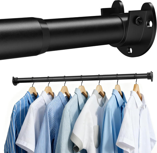 Stepless Adjustable Closet Rod, 66 lb Capacity, Fits 17-84 Inch Spaces, 1.3'' Heavy-Duty Metal Closet Rods for Hanging Clothes, Ideal for Closet, Wardrobes, Laundry or Rvs, Matte Black