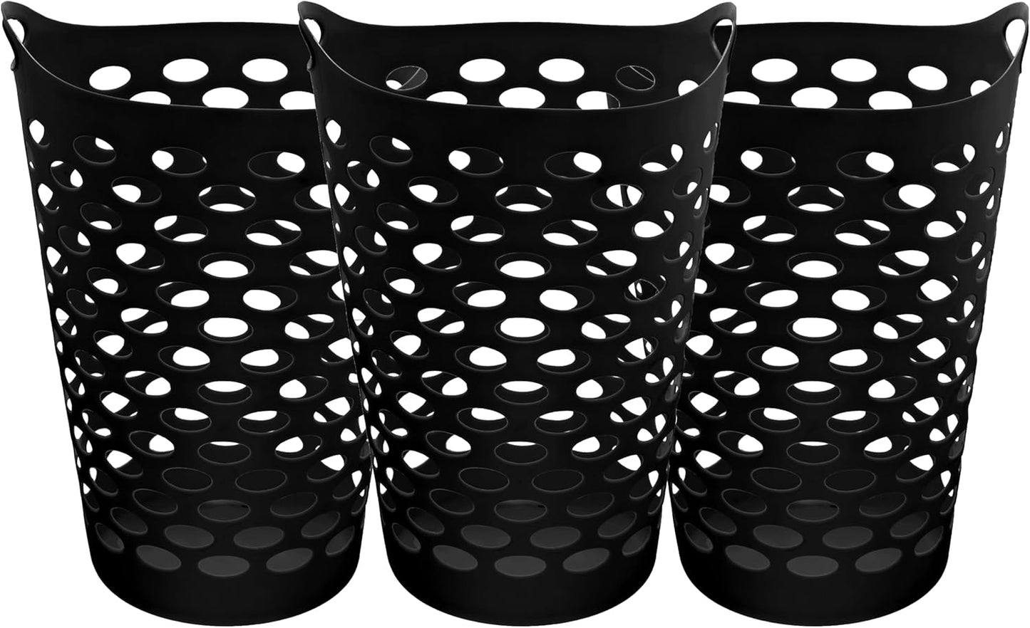 2.2 BUSHEL Flexible Laundry Basket,Tall plastic hamper for Clothes, Bedroom, and Storage - Portable Round Bin with Carry Handles 17.75" x 17.25" x 26", White,Black,3 pack (Black)