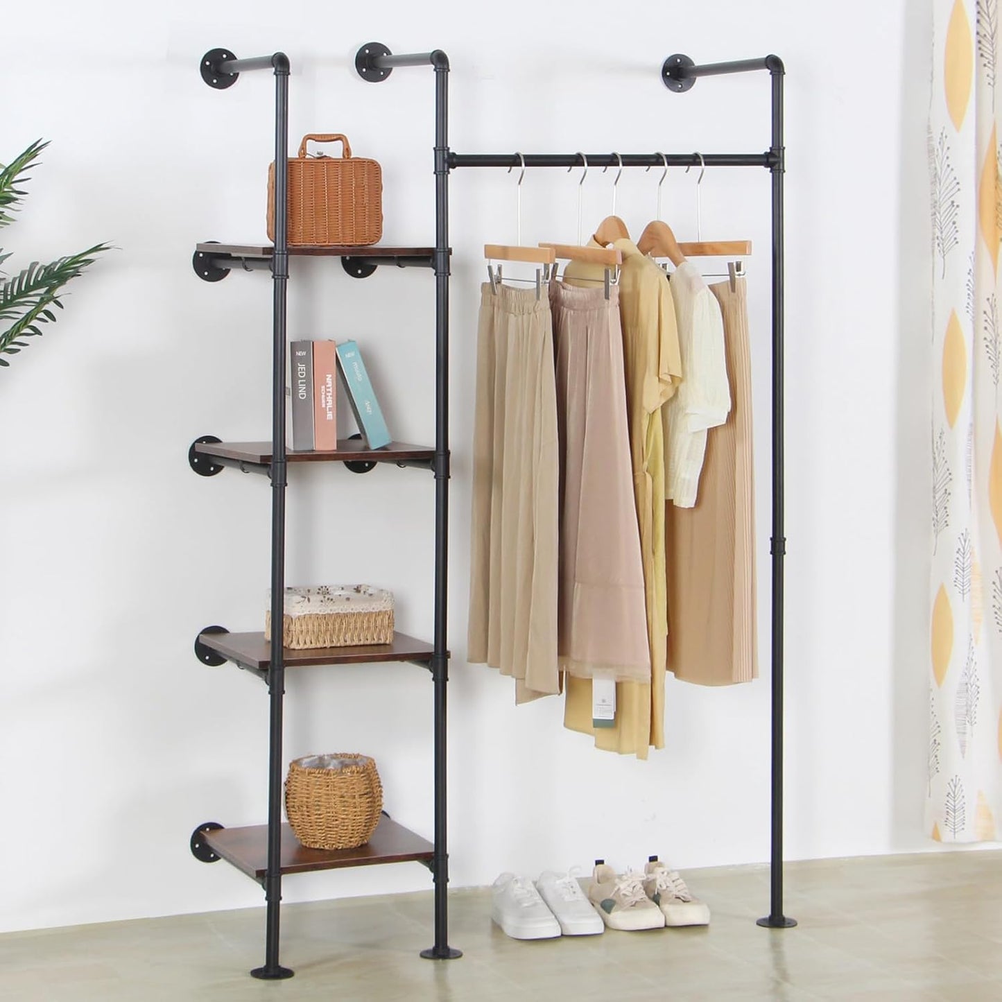Industrial Pipe Clothing Rack with Shelves, 71inch Wall Mounted Closet Storage Racks,Hanging Clothes Retail Display Rack, Garment Racks with Shelves Closet Rods System