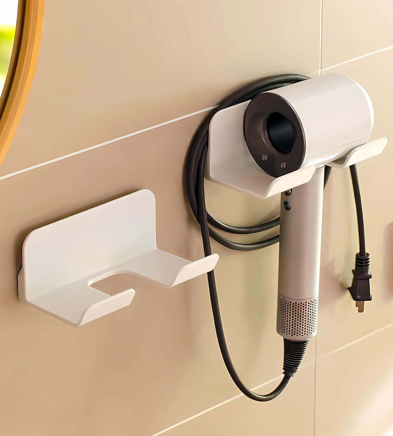 Universal Hair Dryer Holder, Self Adhesive Wall Mount Stand for Most Brand/Size Hair Blow Dryer Hair Dryer Organizer Rack with Plug&Wire Hook for Bathroom