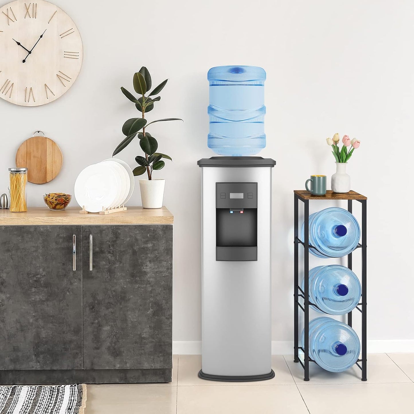 5 Gallon Water Jug Holder 3-Tiers Water Dispenser Stand Rack, Water Bottle Organizer with Storage Shelves for Kitchen Living Room Office, Rustic Brown