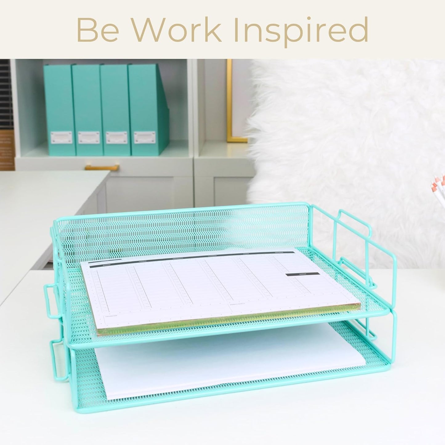 BLU MONACO Aqua Mesh Paper Tray Set of 2 | Stackable Letter Trays for Desk Storage | Metal Document Holder and File Organizer for Home, Office and School | 13” x 9.8” x 5.6” Workspace Organizer