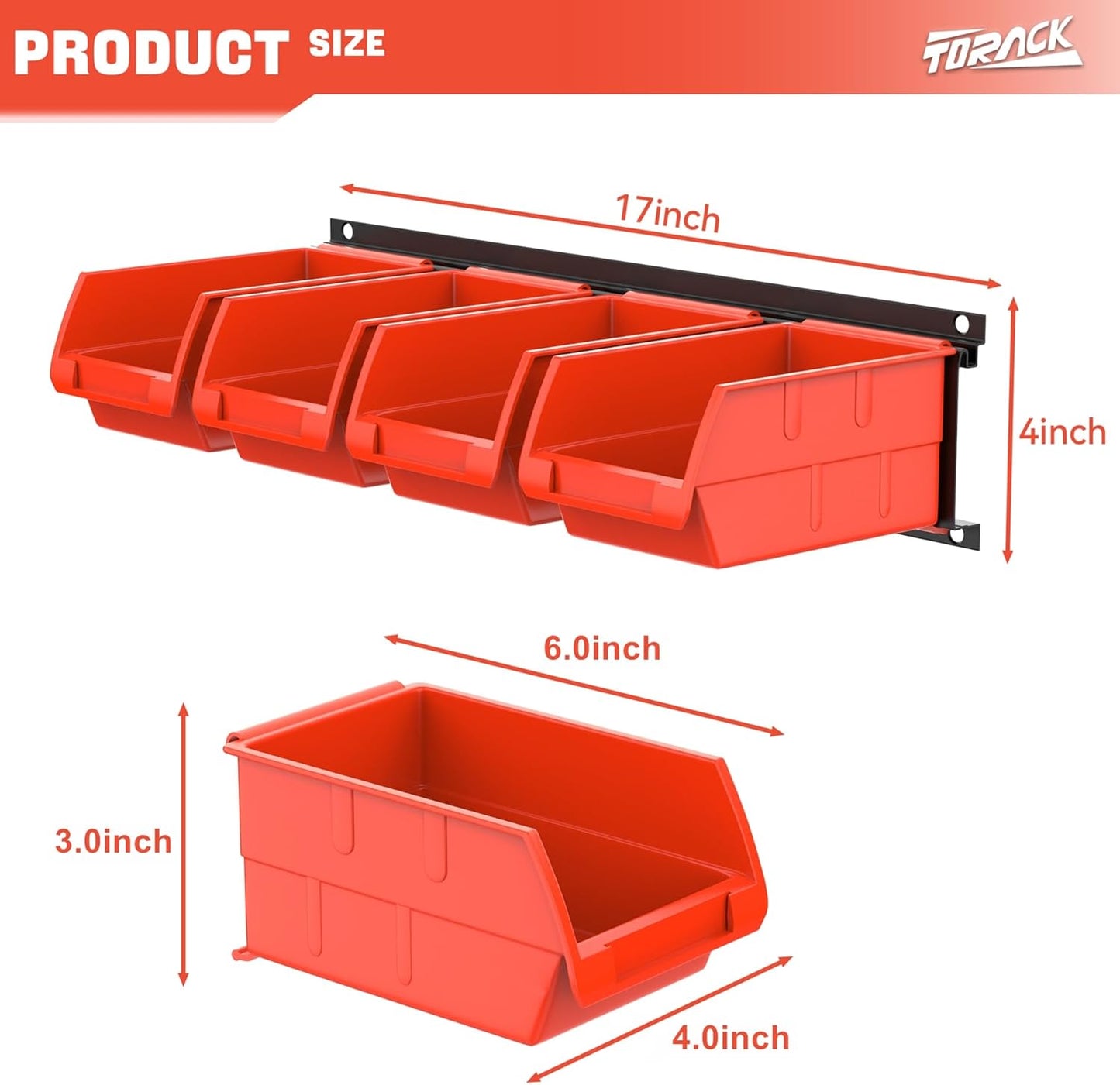 TORACK Wall-Mounted Storage Bins - 8 Plastic Bins & 2 Metal Tracks for Tools Organization in Garage, Craft Room, and Shop(Orange)