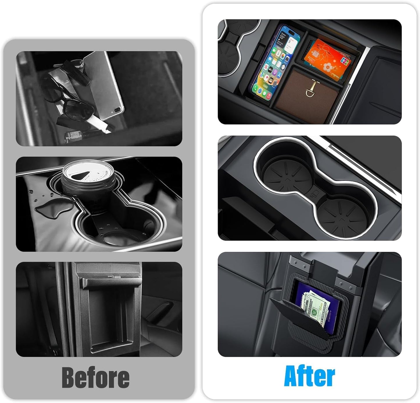 Upgraded Center Console Organizer Tray for Tesla Model Y Juniper Accessories 2025 2026/ for Tesla Model 3 Accessories 2025 Highland, Hidden Storage Box, Cup Holder, [Shockproof, No-Noise], 5PCS