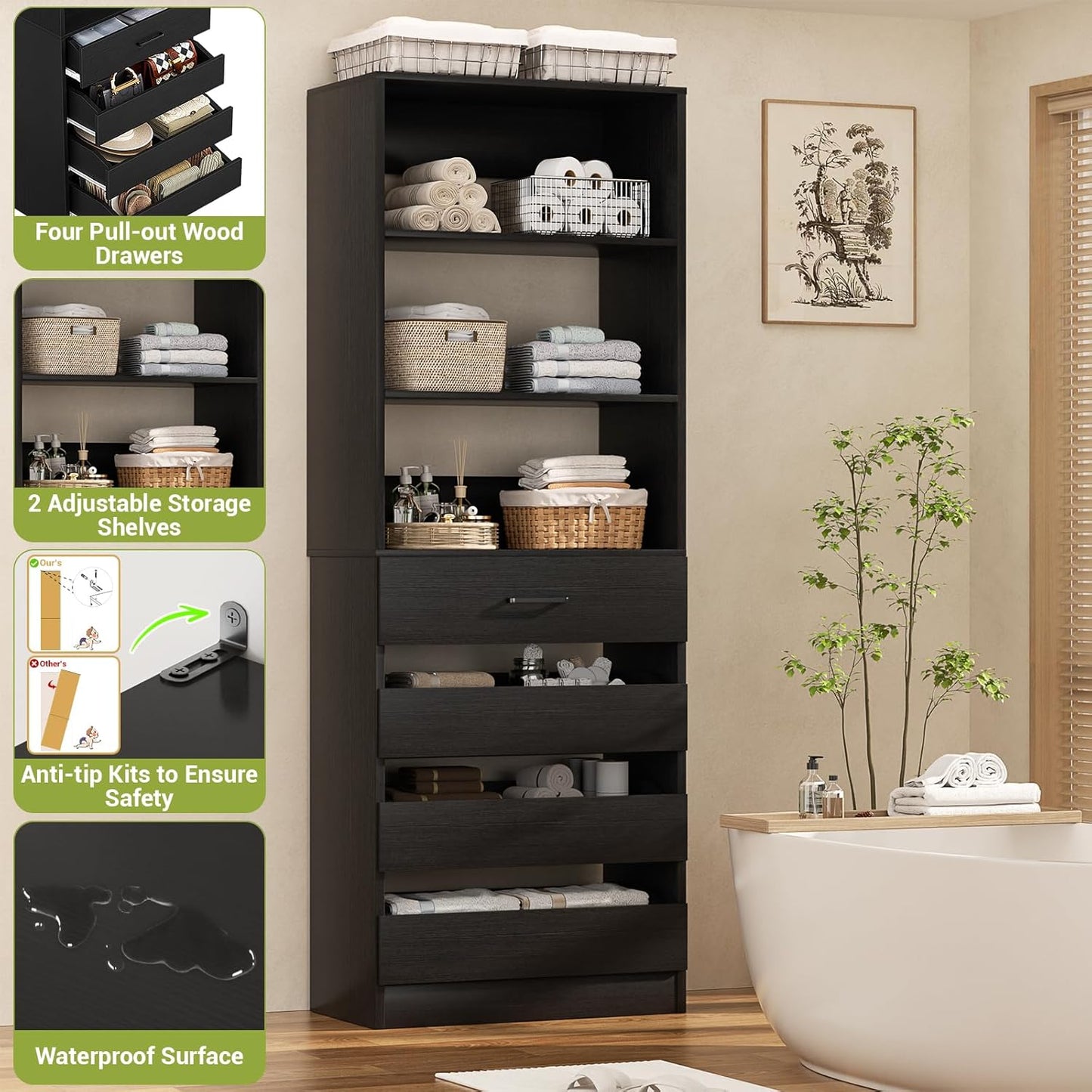Aheaplus 21.3" Closet System with 4 Drawers, Wood Closet Organizer with Open Shelves, Modular Drawers System Tower, Walk-in Small Wardrobe Rack, Tall Storage Cabinet Unit, Black