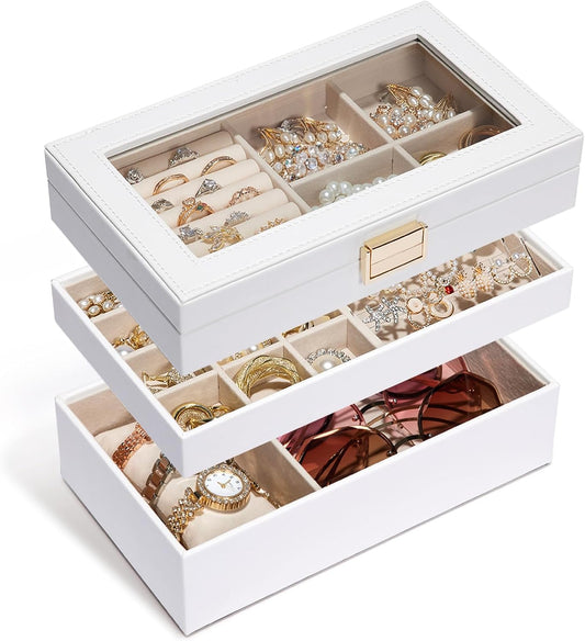 Homde Jewelry Tray Stackable Jewelry Box with Glass Lid, Removable Dividers for Vanity Table - Christmas Gift Idea for Girls and Women (White)