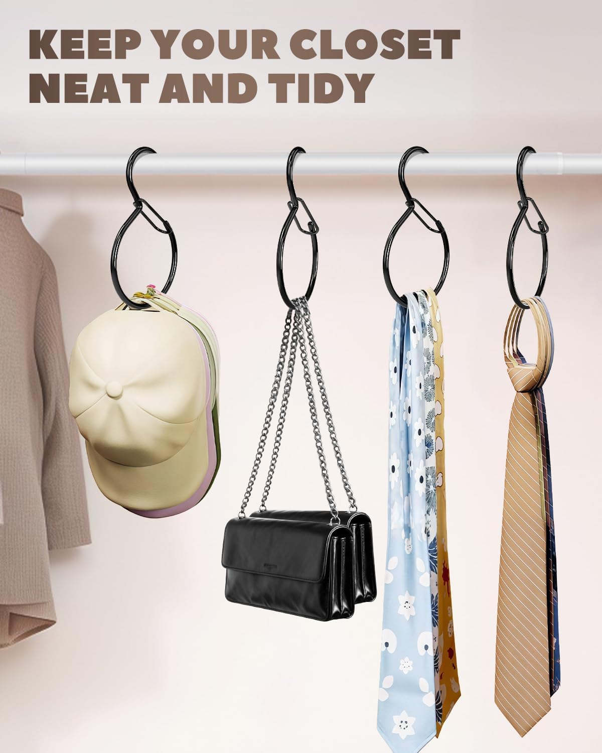 6 Pack Belt Hanger, Tie Hanger & Belt Organizer, Waterproof Belt Hanger for Closet, Ties, Scarves, Bags & Accessories, Keeps Closet Neat & Organized, Black