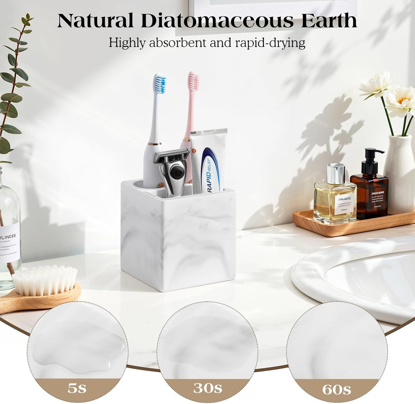 Luxspire Toothbrush Holder, 3 Slots Fast Drying Tooth Brush Holder for Bathroom, Diatomite Electric Tooth Brush and Toothpaste Organizer for Bathroom Kitchen Vanity Countertop, Marble White