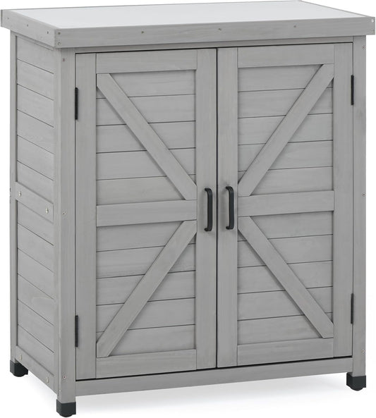 Outdoor Potting Bench with Storage Cabinet and Metal Top, Wood Workstation for Outdoor Patio, Garden (Classic Grey, 31x17x36‘’)