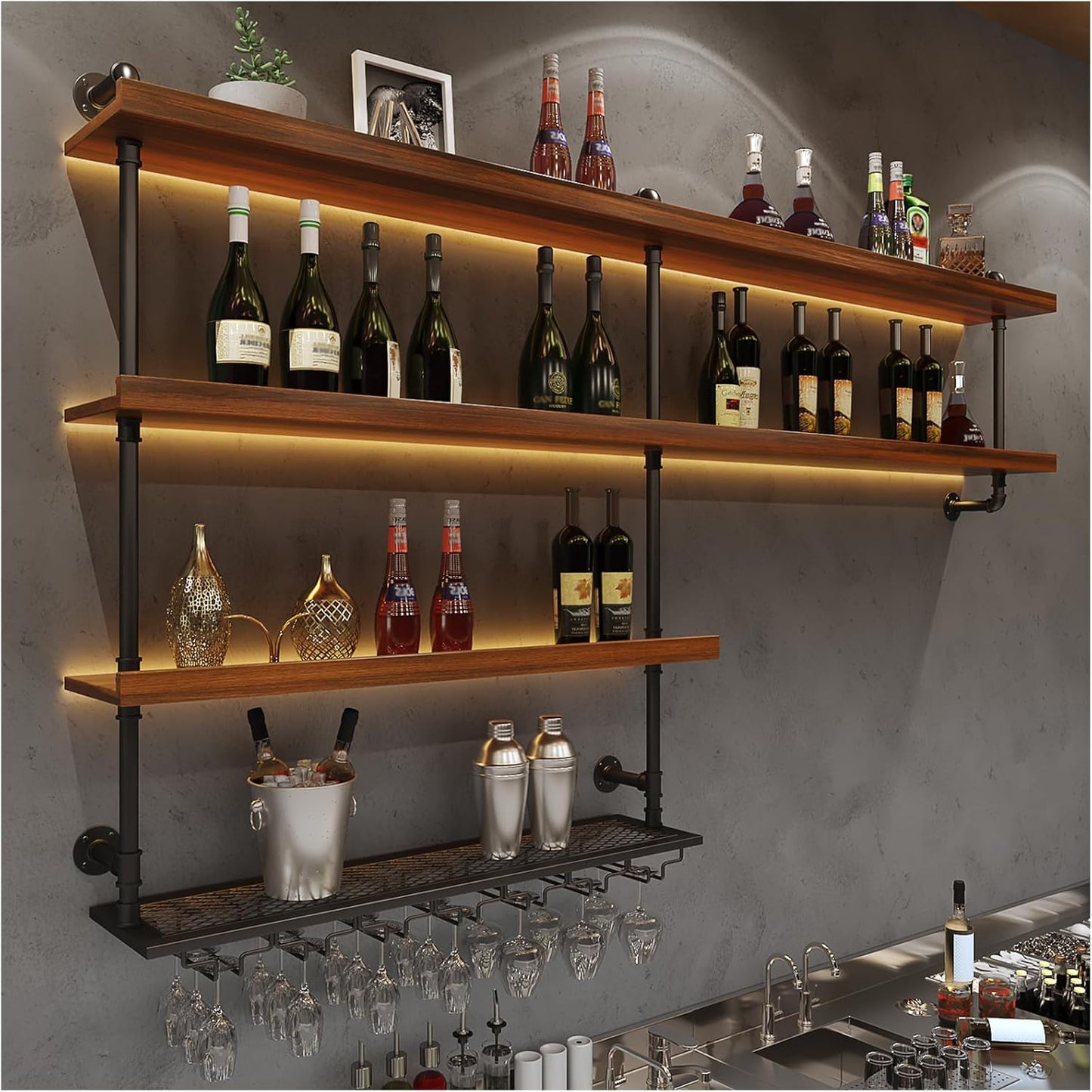 Solid Wood Wall Mounted Wine Rack, Large Wine Rack with LED Light, 4 Tiers Liquor Bottles Floating Shelves with Glass Holder, Industrial Bar Shelves for Home Bar Dining Room (78.7 IN/ 200CM)