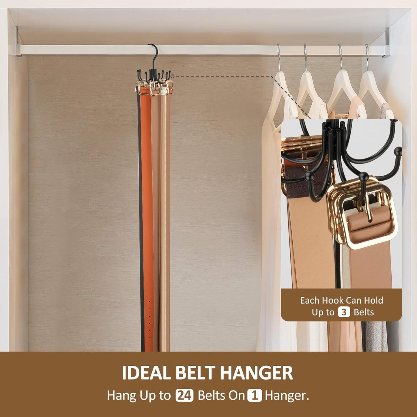 ZEDODIER Belt Hanger, Belt Rack Closet Accessories Organizer, Maximum 24 Storage Capacity, Hanging Holder Storage Hook for Belt, Bra, Tank Top, Tie, Scarf, Purse, Black