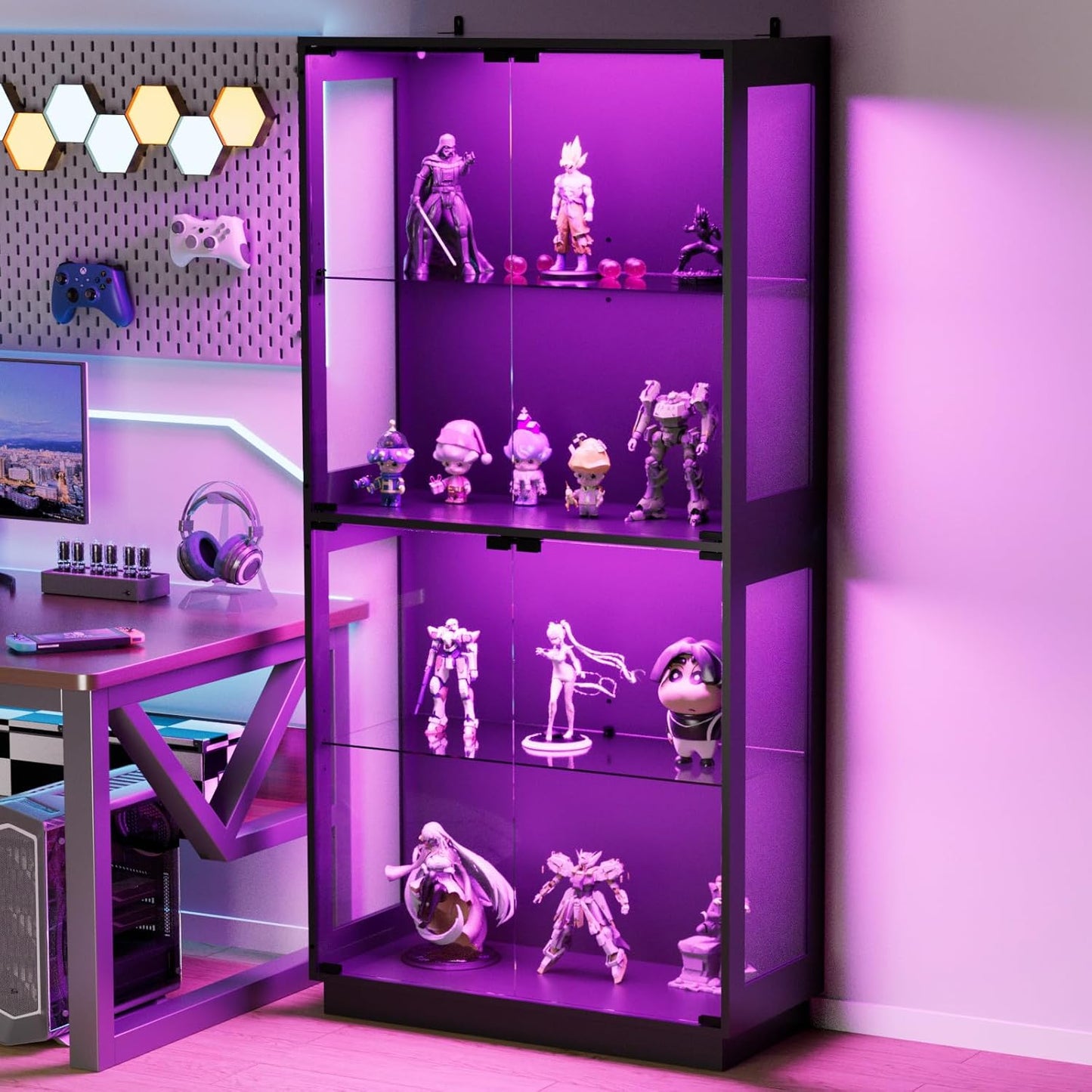 Display Cabinet with Glass Doors 4 Tier Glass Display Case with RGB LED Lights Display Cases for Collectibles Adjustable Shelves Display Case, for Game Room, Living Room, Bedroom, Black
