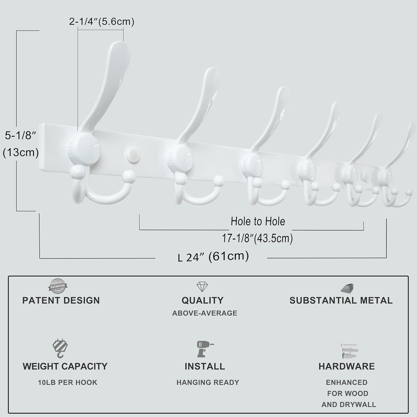 Dseap Coat Rack Wall Mount 2.0 Pro: 24” Long, 3X Tougher, Heavy Duty Stainless Steel Wall Coat Hanger with 6 Tri Hooks for Clothes Jackets Hats Entryway Closet, White, Pack of 2