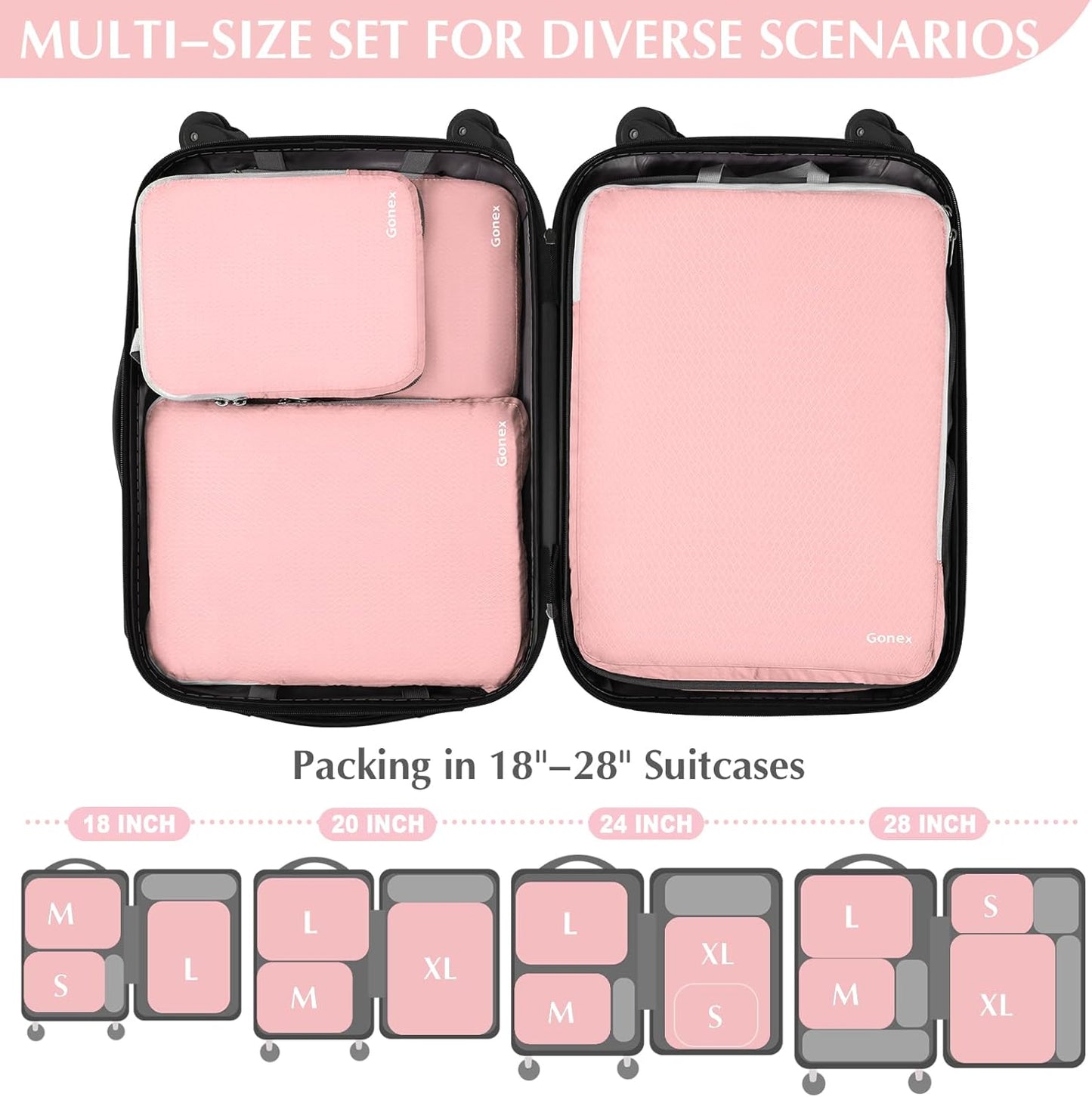 Gonex Compression Packing Cubes, 3pcs/4pcs Expandable Storage Travel Luggage Bags Organizers