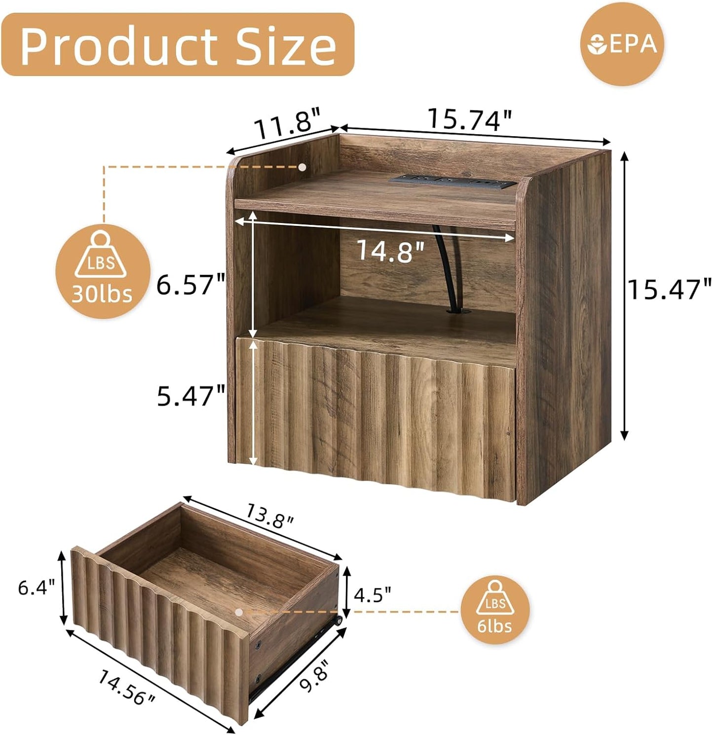 Modern Fluted Floating Nightstand Wall Mounted Set of 2- Bedside Table with Storage Drawer & Display Shelf, Minimalist Bedroom Furniture for Studio Apartments(Rustic Brown)