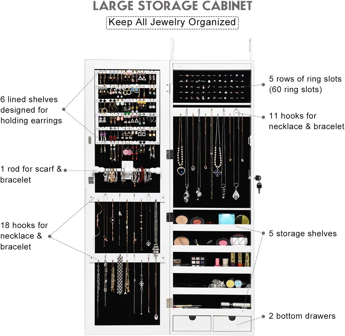 Giantex Jewelry Armoire Cabinet Wall Mounted Door Hanging, Lockable Jewelry Cabinet with Full Length Mirror, 15 LED Lights, Large Storage Jewelry Box Organizers with 2 Drawers (14.5"W x 4"D x 47.5"H)