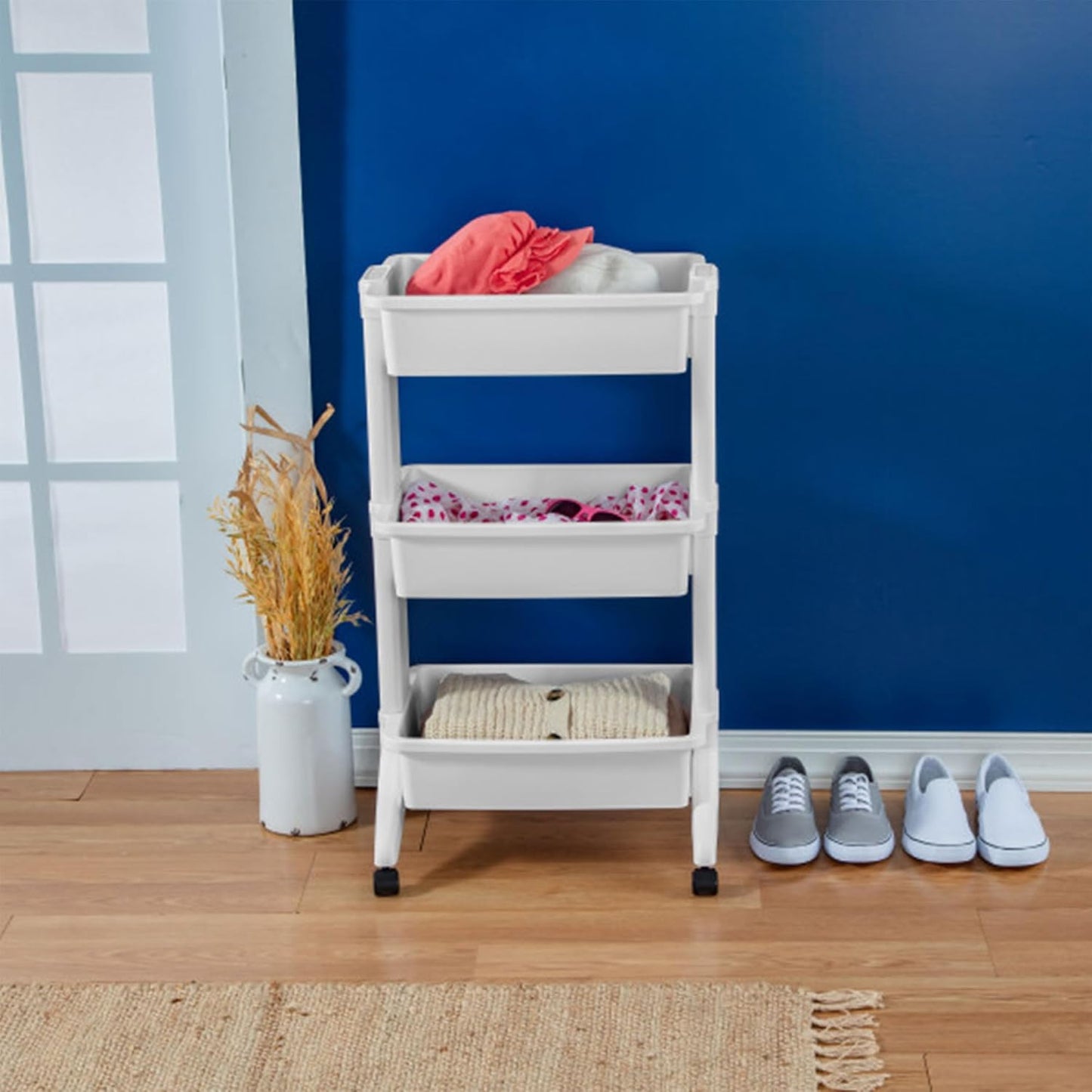 Sterilite 3 Tier Utility Cart Portable Storage Open Bin Organizer with 360 Degree Smooth Rolling Caster Wheels, Supports 10 lb Per Tier, White, 9-Pack