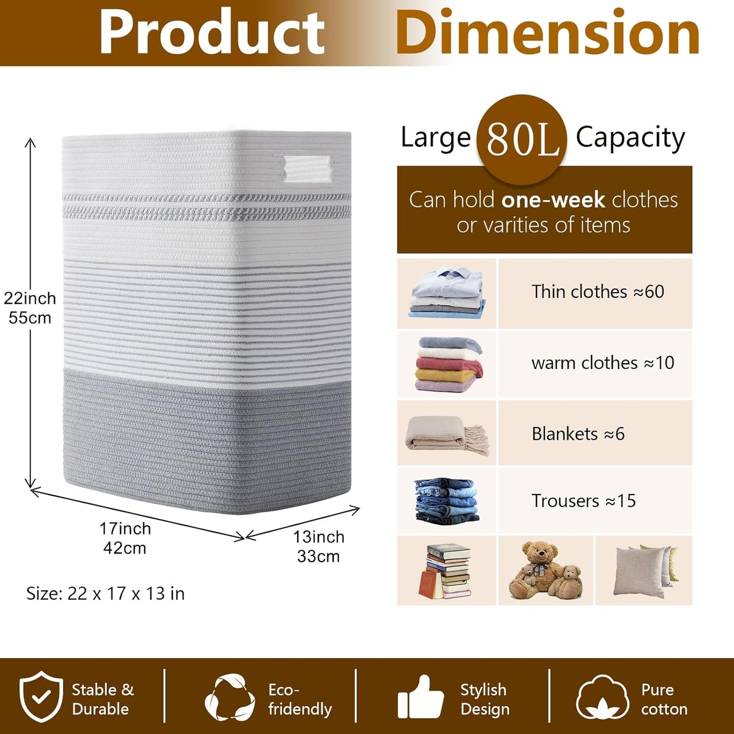 Laundry Hamper, Large Woven Rope Tall Laundry Basket with Handles, 22" X 17" X 13", Decorative Storage Basket for Clothes and Blankets in Living room, Bedroom, Grey & White