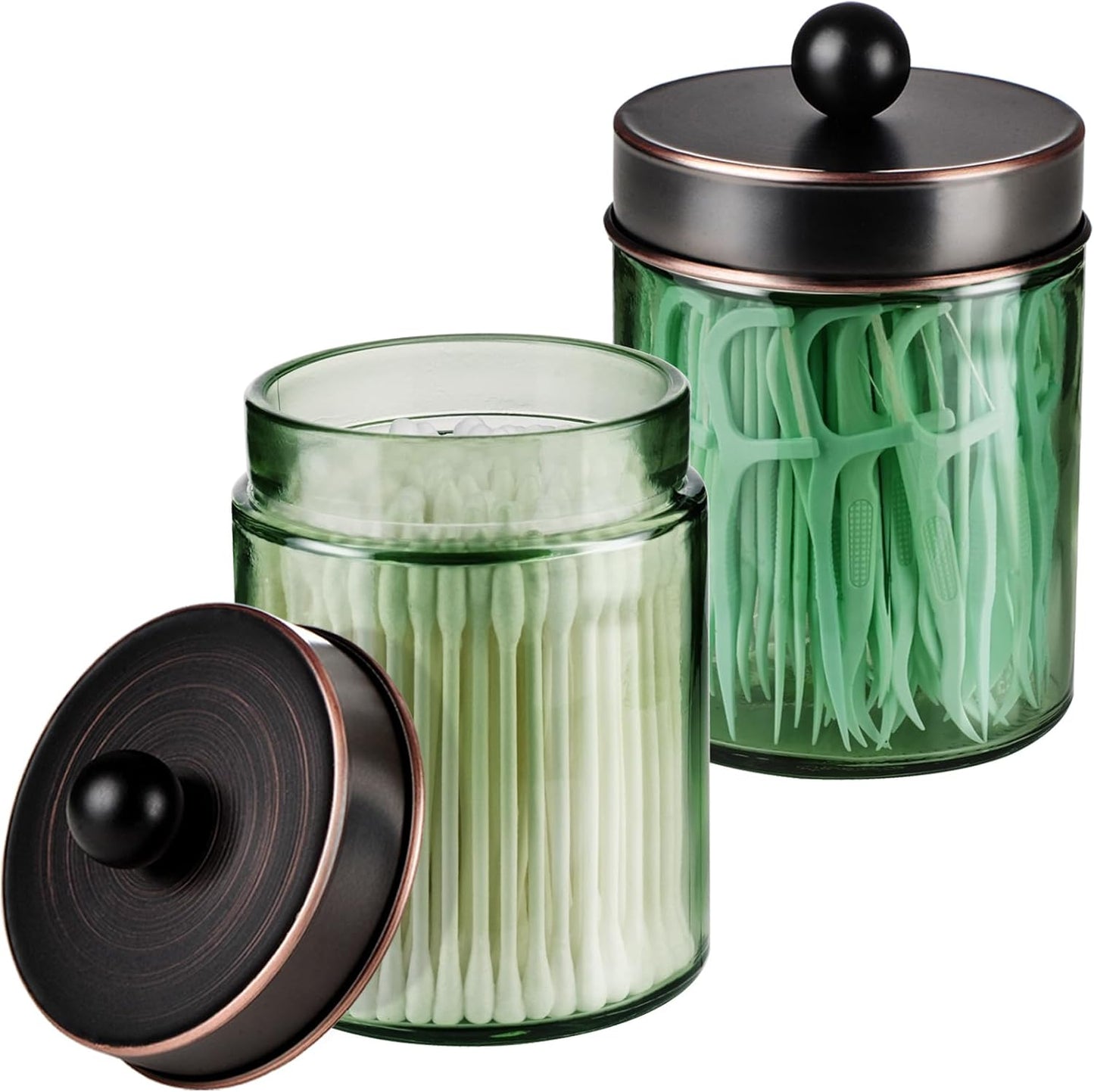 Amolliar Sage Green Apothecary Glass Jar With Metal Lid & Stickers, Bathroom Qtip Holder Storage Canister, Farmhouse Decor for Cotton Balls, Cotton Swabs, Makeup Pads, Bath Salt, Floss, ORB 2 Pack
