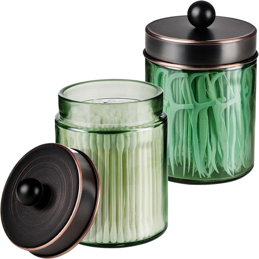 Amolliar Sage Green Apothecary Glass Jar With Metal Lid & Stickers, Bathroom Qtip Holder Storage Canister, Farmhouse Decor for Cotton Balls, Cotton Swabs, Makeup Pads, Bath Salt, Floss, ORB 2 Pack